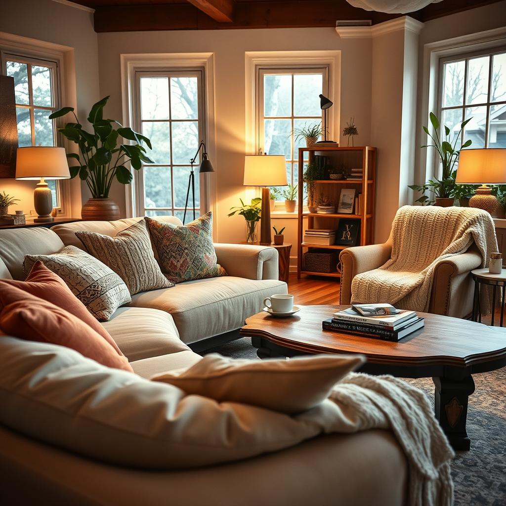 A cozy living room scene featuring a harmonious balance of textiles and lighting. In the foreground, a plush, oversized beige sofa adorned with a variety of colorful throw pillows and a soft, knitted blanket. A warm, inviting armchair sits nearby, draped with a light, patterned throw. The middle ground showcases a rustic wooden coffee table topped with a steaming mug and a stack of design books. Elegant ambient lighting emanates from stylish floor and table lamps, casting a gentle glow. In the background, a quaint bookshelf filled with plants and personal artifacts adds character. Large windows allow natural light to filter in, enhancing the serene atmosphere. Aim for a warm, inviting ambiance that captures the essence of a perfectly curated living room while avoiding common decor pitfalls.