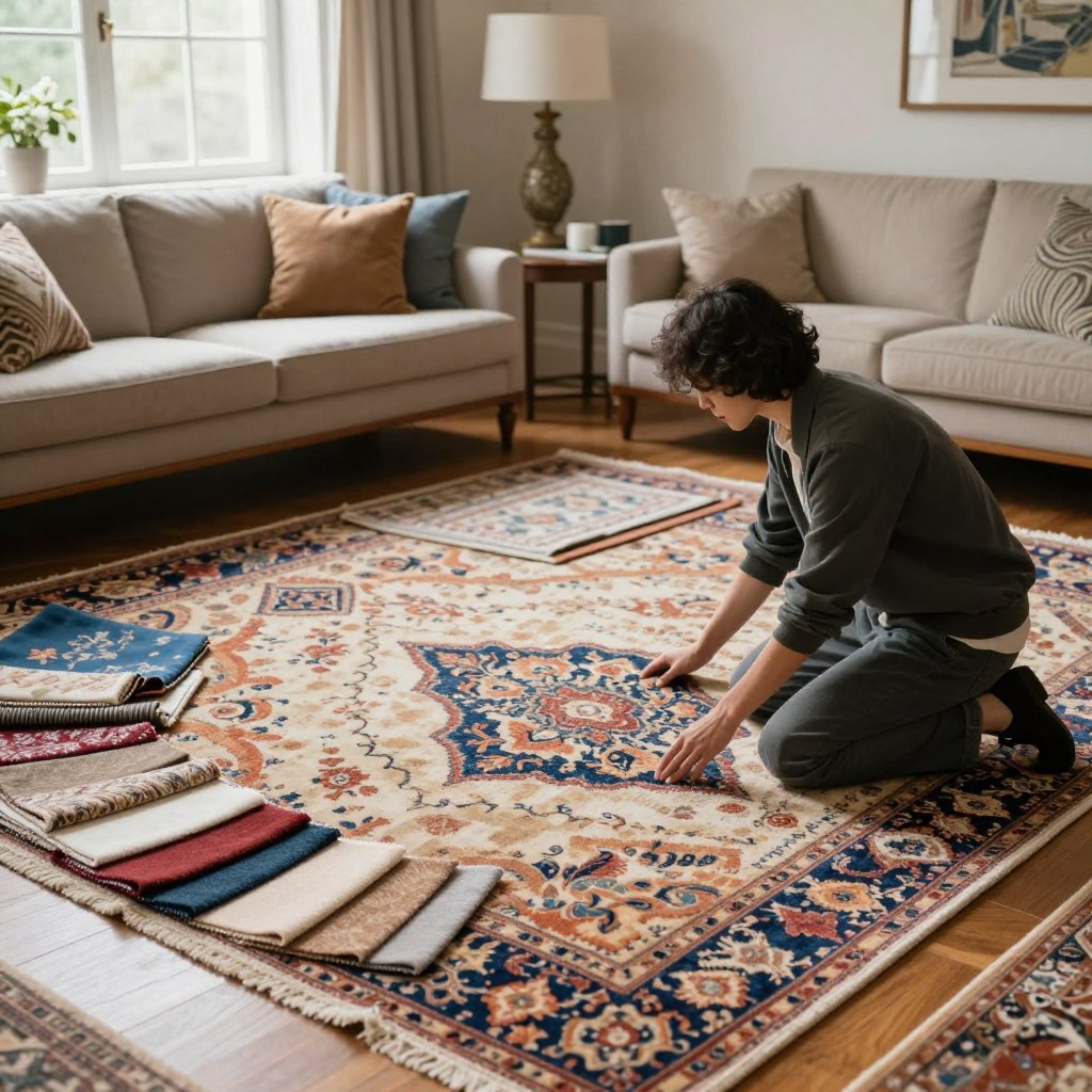 A cozy living room scene featuring a stylish interior designer selecting a living room rug. In the foreground, the designer, a person dressed in smart casual attire, kneels beside a beautiful, textured rug on a hardwood floor, examining its colors and patterns. The middle ground showcases a variety of carefully arranged rugs in different styles and materials, with swatches and fabric samples scattered around. In the background, the room features elegant furniture, soft lighting from a large window, and a warm, inviting color palette. The atmosphere is focused and inspiring, evoking a sense of creativity and style as the designer thoughtfully considers their choices. The image should be well-lit with natural light, capturing the intricate details of the rugs and the serene living space. A cozy living room scene featuring a stylish interior designer selecting a living room rug. In the foreground, the designer, a person dressed in smart casual attire, kneels beside a beautiful, textured rug on a hardwood floor, examining its colors and patterns. The middle ground showcases a variety of carefully arranged rugs in different styles and materials, with swatches and fabric samples scattered around. In the background, the room features elegant furniture, soft lighting from a large window, and a warm, inviting color palette. The atmosphere is focused and inspiring, evoking a sense of creativity and style as the designer thoughtfully considers their choices. The image should be well-lit with natural light, capturing the intricate details of the rugs and the serene living space.