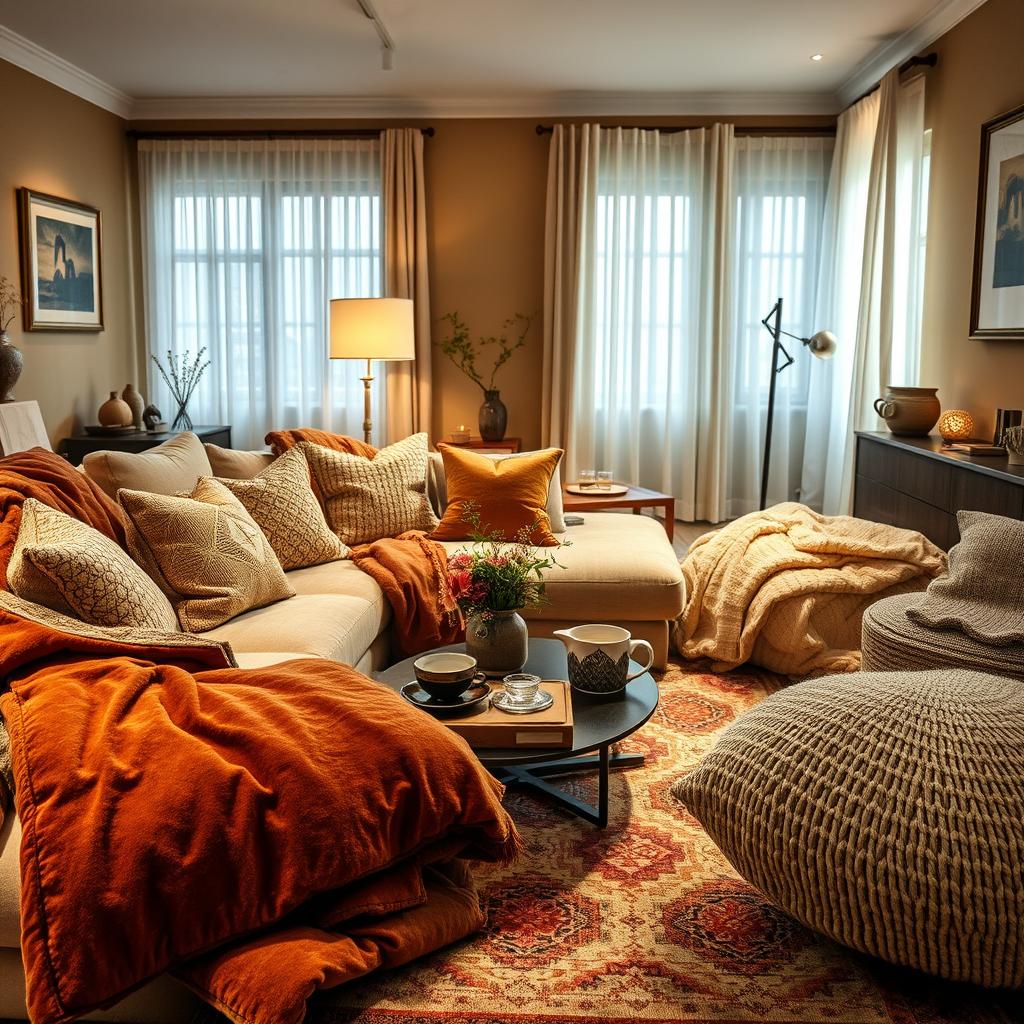 A cozy living room scene filled with luxurious textiles. In the foreground, a plush, oversized sofa adorned with soft, warm blankets and decorative cushions in rich textures like velvet and knitted wool. A beautiful, patterned area rug lies beneath, enhancing the warmth of the space. In the middle, a stylish coffee table showcases artisanal decor items, with a steaming cup of tea and fresh flowers in an elegant vase. The background features soft, ambient lighting from a stylish floor lamp, casting a gentle glow. A window with sheer drapes allows natural light to filter in, creating a serene atmosphere. The walls are painted in soothing, earthy tones, adorned with tasteful artwork. The overall mood is inviting and tranquil, perfect for relaxation and comfort.