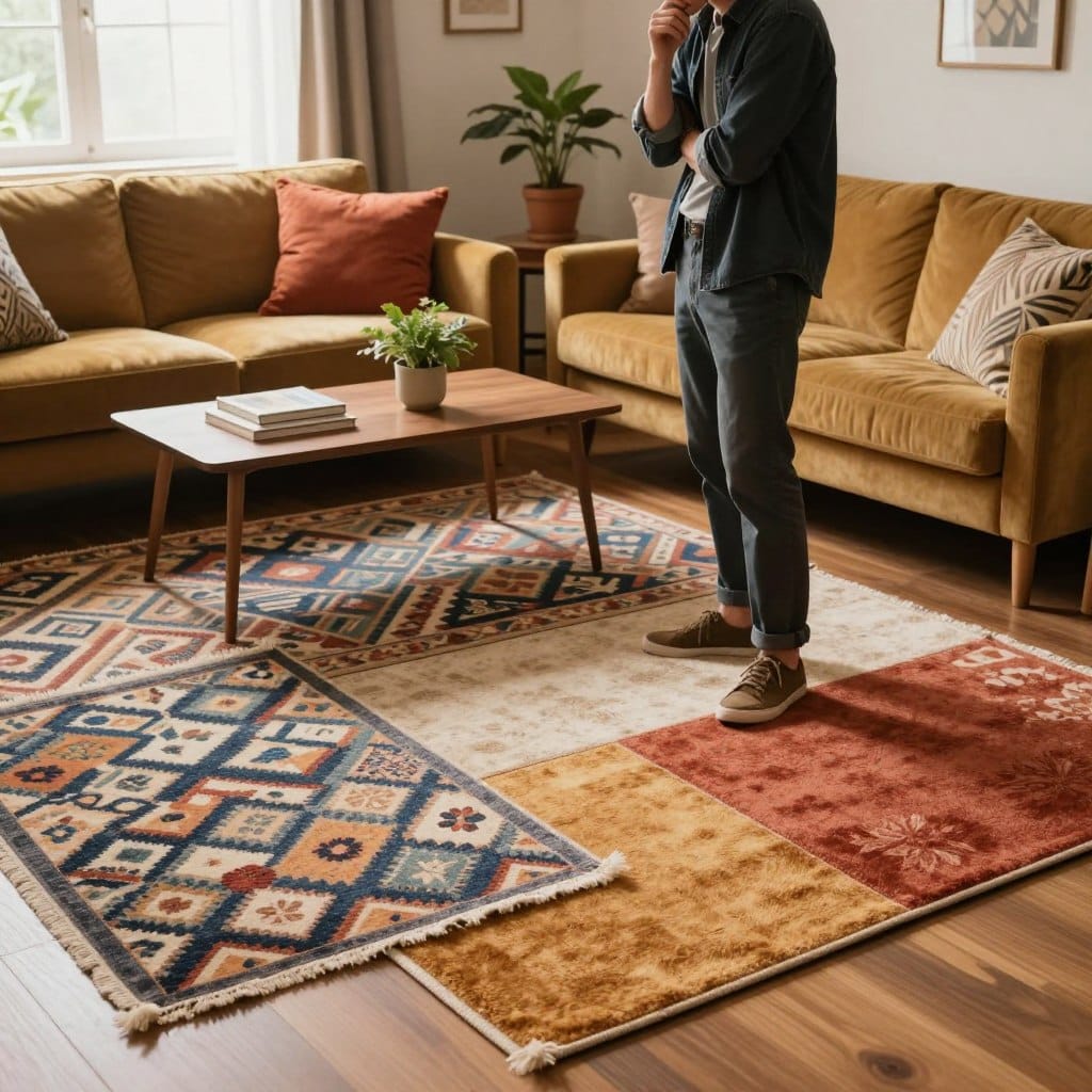 A cozy living room scene focusing on a stylish individual thoughtfully selecting a rug from several options spread out on a wooden floor. In the foreground, the person, dressed in smart-casual attire, stands with one hand on their chin, surrounded by different rug designs—geometric, floral, and solid colors. The middle ground features a warm sofa with vibrant throw pillows and a coffee table adorned with a small plant and books, creating a welcoming atmosphere. In the background, a softly lit window with sheer curtains allows natural light to filter in, enhancing the inviting vibe. The overall mood is relaxed and stylish, capturing the essence of aligning rug style with existing décor while maintaining a harmonious color palette.