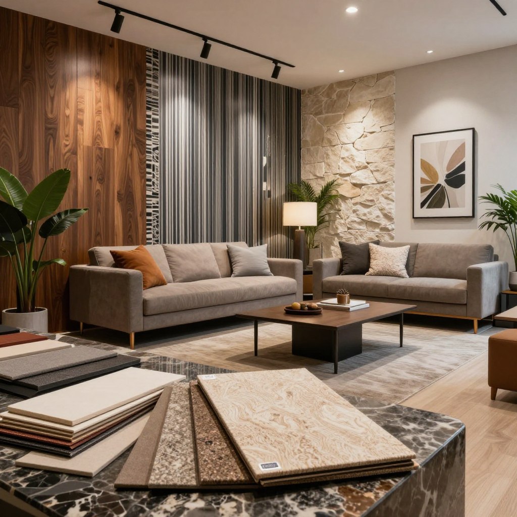 A cozy living room setting with a striking accent wall showcasing various materials such as textured wood paneling, sleek modern wallpaper, and elegant stone veneer. In the foreground, display swatches of these materials arranged aesthetically on a decorative table. In the middle, add a stylish two-seater sofa and a coffee table, highlighting the harmony of colors and textures. The background features soft ambient lighting that enhances the warmth of the room, with houseplants and artwork elegantly displayed on the walls. Use a wide-angle lens to capture the depth and spaciousness of the room, creating a welcoming and modern atmosphere, perfect for a material comparison guide. A cozy living room setting with a striking accent wall showcasing various materials such as textured wood paneling, sleek modern wallpaper, and elegant stone veneer. In the foreground, display swatches of these materials arranged aesthetically on a decorative table. In the middle, add a stylish two-seater sofa and a coffee table, highlighting the harmony of colors and textures. The background features soft ambient lighting that enhances the warmth of the room, with houseplants and artwork elegantly displayed on the walls. Use a wide-angle lens to capture the depth and spaciousness of the room, creating a welcoming and modern atmosphere, perfect for a material comparison guide.