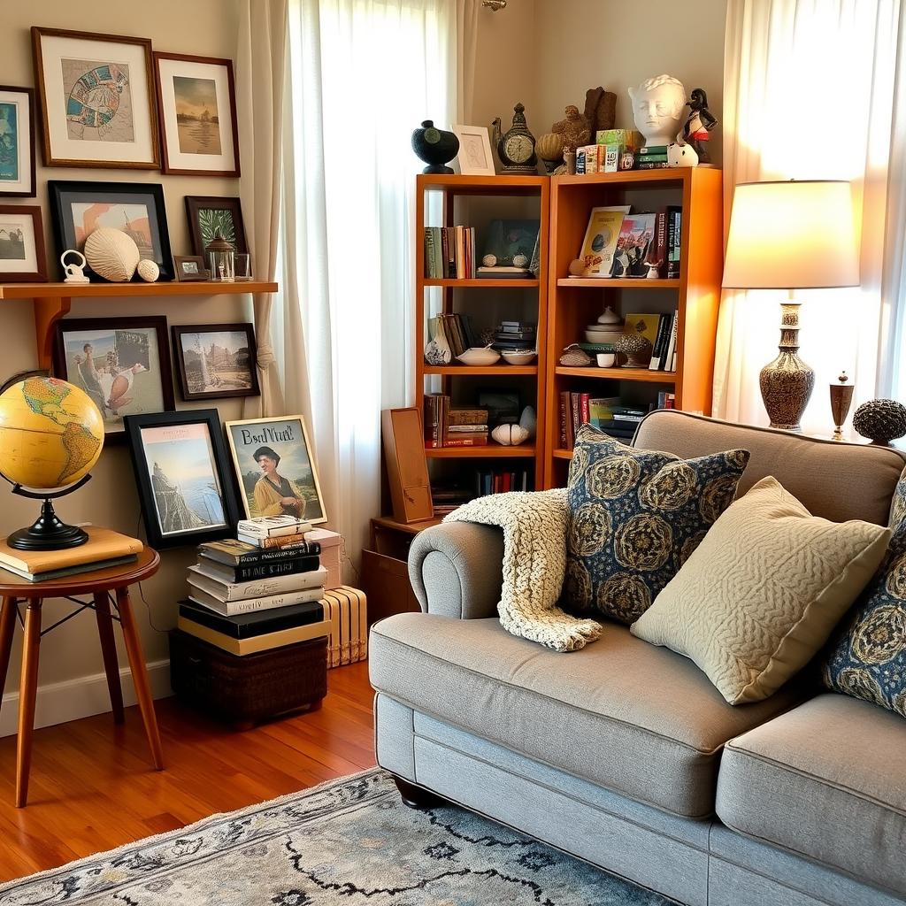 A cozy living room vignette showcasing personal collections and travel souvenirs. In the foreground, a plush, inviting sofa adorned with patterned throw pillows and a knitted blanket. To one side, a petite wooden side table filled with travel memorabilia: a vintage globe, a stack of well-loved travel books, and framed photographs from various destinations. The middle ground features a stylish bookcase, showcasing curiosities like seashells, ceramic figurines, and an array of brightly colored travel postcards. In the background, warm, soft lighting filters through sheer curtains, creating an inviting atmosphere. A hardwood floor adds warmth, and a large area rug anchors the space. The image conveys a feeling of nostalgia and comfort, representing personal stories and cherished memories.