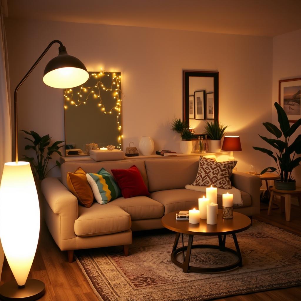 A cozy living room with no windows, utilizing layered lighting to create a warm, inviting atmosphere. In the foreground, a stylish floor lamp casts a soft glow, highlighting a plush sofa adorned with colorful throw pillows. In the middle, strategically placed mirrors reflect warm fairy lights and table lamps, enhancing brightness and depth. A large area rug anchors the space, while a coffee table with decorative candles adds to the ambiance. The background features soft, neutral walls decorated with framed artwork and indoor plants that thrive in low light. The scene captures a serene yet lively environment, conveying a sense of comfort and creativity in overcoming the challenge of a dark living room. The lighting is soft and warm, evoking a peaceful mood.