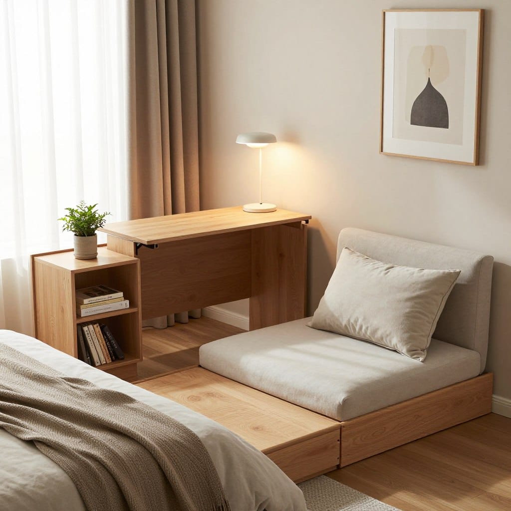 A cozy master bedroom showcasing innovative space-saving furniture designed for a luxurious retreat atmosphere. In the foreground, feature a stylish, multifunctional bed that easily converts into a seating area with plush throw pillows. Beside it, a compact nightstand doubles as a small bookshelf, elegantly displaying books and a small plant. In the middle ground, a sleek, foldable desk is tucked into the corner, illuminated by soft, warm lighting from a modern desk lamp. The background features light-colored walls adorned with minimalist art and a large window with sheer curtains, allowing natural light to flood the room. The overall mood is serene and inviting, emphasizing comfort and functionality. The angle captures the room's layout, enhancing the sense of space despite the smaller dimensions.