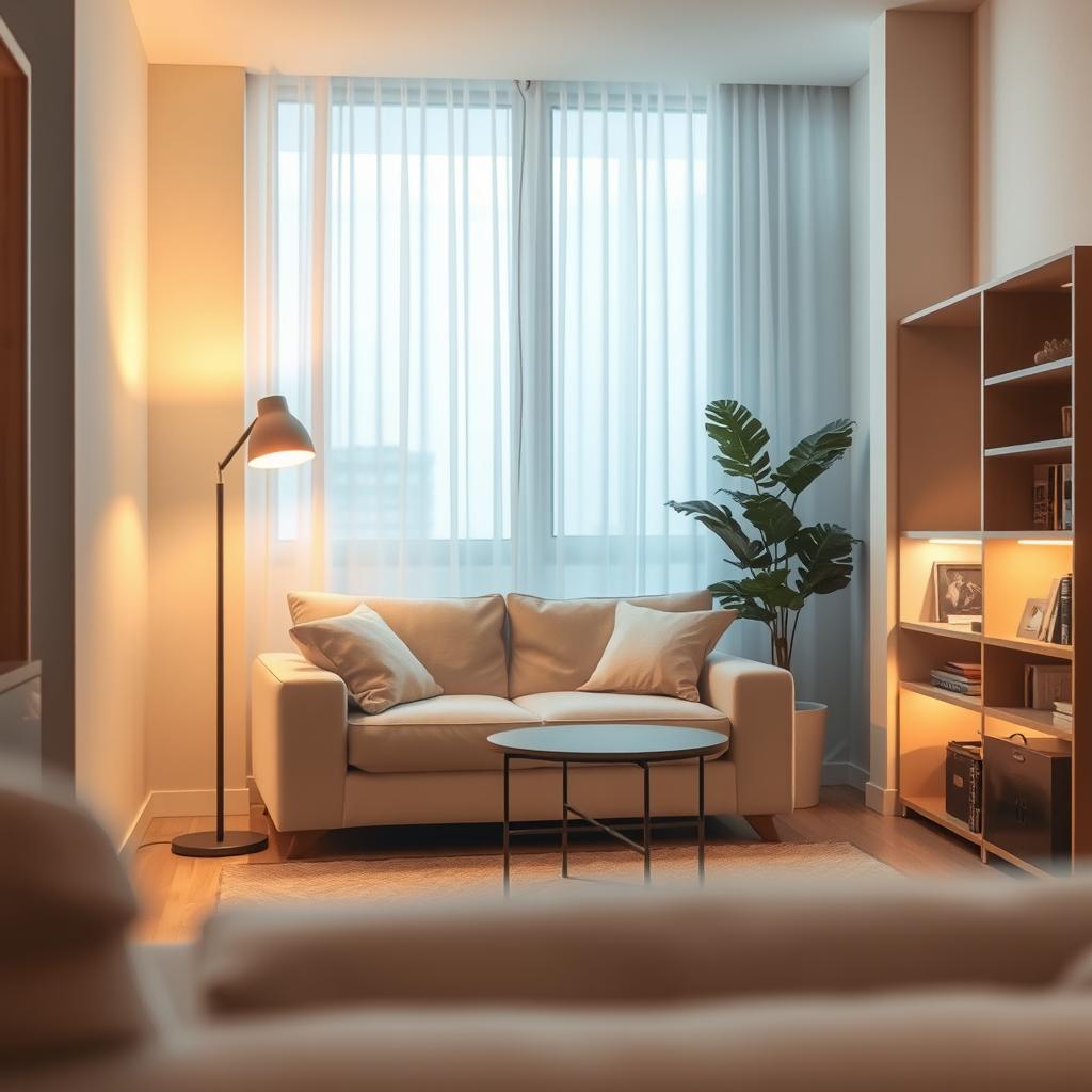 A cozy minimalist small living room, with soft, warm lighting that creates an inviting atmosphere. In the foreground, a simple, elegant sofa adorned with plush cushions sits near a small coffee table, all in neutral tones. The middle ground features a stylish floor lamp with a warm glow casting gentle light across the space, paired with strategically placed LED strip lights along a sleek bookshelf. In the background, a window reveals a soft, diffused daylight filtering through sheer curtains, enhancing the feeling of openness. The overall ambiance radiates tranquility and spaciousness, emphasizing the key concept of maximizing light in a small area. Shot with a wide-angle lens, the composition invites viewers to envision a bright and airy living space. A cozy minimalist small living room, with soft, warm lighting that creates an inviting atmosphere. In the foreground, a simple, elegant sofa adorned with plush cushions sits near a small coffee table, all in neutral tones. The middle ground features a stylish floor lamp with a warm glow casting gentle light across the space, paired with strategically placed LED strip lights along a sleek bookshelf. In the background, a window reveals a soft, diffused daylight filtering through sheer curtains, enhancing the feeling of openness. The overall ambiance radiates tranquility and spaciousness, emphasizing the key concept of maximizing light in a small area. Shot with a wide-angle lens, the composition invites viewers to envision a bright and airy living space.