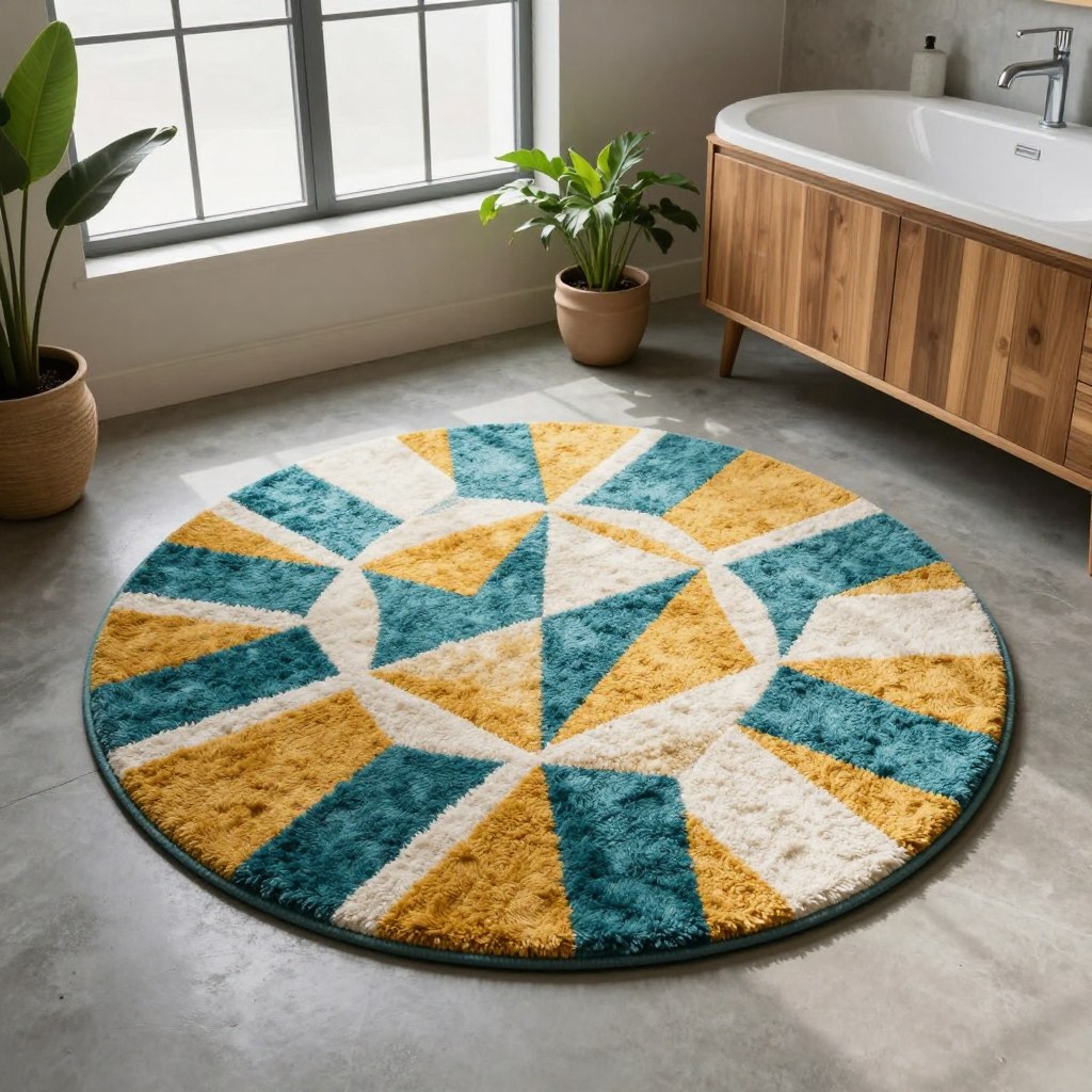 A cozy, modern bathroom featuring a plush round geometric pattern rug as the focal point. The rug displays a playful, bold design in shades of teal, mustard yellow, and white, creating a striking contrast against a sleek, minimalist concrete floor. Surrounding the rug, soft natural light filters in through frosted glass windows, illuminating the warm textures of wooden cabinetry and potted greenery. In the background, a stylish freestanding bathtub and elegant fixtures blend seamlessly into a contemporary aesthetic. The angle captures the rug from a slightly elevated viewpoint, emphasizing its shape and intricate patterns while maintaining a serene and inviting atmosphere, perfect for a small bathroom space. A cozy, modern bathroom featuring a plush round geometric pattern rug as the focal point. The rug displays a playful, bold design in shades of teal, mustard yellow, and white, creating a striking contrast against a sleek, minimalist concrete floor. Surrounding the rug, soft natural light filters in through frosted glass windows, illuminating the warm textures of wooden cabinetry and potted greenery. In the background, a stylish freestanding bathtub and elegant fixtures blend seamlessly into a contemporary aesthetic. The angle captures the rug from a slightly elevated viewpoint, emphasizing its shape and intricate patterns while maintaining a serene and inviting atmosphere, perfect for a small bathroom space.