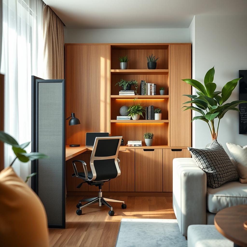 A cozy, modern home office seamlessly integrated into a stylish living space. The foreground features a sleek, hidden desk with minimalist design elements, partially closed with a decorative screen. A comfortable, ergonomic chair is positioned subtly near the desk. The middle features warm wooden shelves adorned with plants and books, enhancing a tranquil atmosphere. In the background, soft natural light filters through sheer curtains, casting a gentle glow over the room. The overall decor is a harmonious blend of neutral tones and greenery, promoting a calming ambiance. The scene captures a serene work environment, emphasizing professionalism and comfort without overtness. The angle showcases both the desk and the inviting space, creating an inspiring and functional hidden office setup. A cozy, modern home office seamlessly integrated into a stylish living space. The foreground features a sleek, hidden desk with minimalist design elements, partially closed with a decorative screen. A comfortable, ergonomic chair is positioned subtly near the desk. The middle features warm wooden shelves adorned with plants and books, enhancing a tranquil atmosphere. In the background, soft natural light filters through sheer curtains, casting a gentle glow over the room. The overall decor is a harmonious blend of neutral tones and greenery, promoting a calming ambiance. The scene captures a serene work environment, emphasizing professionalism and comfort without overtness. The angle showcases both the desk and the inviting space, creating an inspiring and functional hidden office setup.