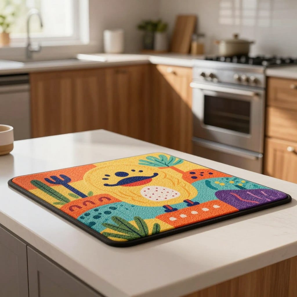 A cozy, modern kitchen scene featuring a vibrant anti-fatigue kitchen mat prominently placed in front of a sleek kitchen countertop. The mat should be illustrated with a textured surface and a colorful, appealing design that enhances the warm atmosphere. In the foreground, show the mat in detail, highlighting its cushioning and supportive qualities. In the middle ground, include a well-organized kitchen with stainless steel appliances and wooden cabinetry, giving a sense of functionality. The background should be softly lit, with natural light streaming in through a window, casting gentle shadows that create a welcoming ambiance. The mood should be inviting and uplifting, showcasing the importance of comfort for home cooks.