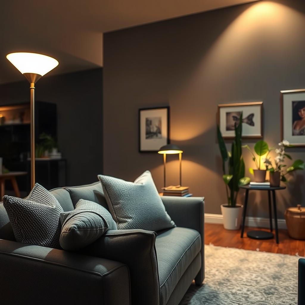 A cozy, modern living room designed for low light conditions, featuring warm artificial lighting ideas. In the foreground, a stylish mid-century sofa adorned with textured throw pillows. The middle layer showcases a sleek floor lamp with a soft, warm glow, and an elegant table lamp casting a gentle light on a small side table with books. In the background, a wall-mounted LED strip light highlights artwork and plants, enhancing the inviting atmosphere. The room appears spacious yet intimate, with a color palette of deep blues, warm browns, and soft whites. The lighting creates a tranquil, relaxing ambiance, perfect for a gathering or quiet evening, conveying the importance of adaptable lighting in dark living spaces. Soft shadows add depth and warmth, captured from a slightly elevated angle.