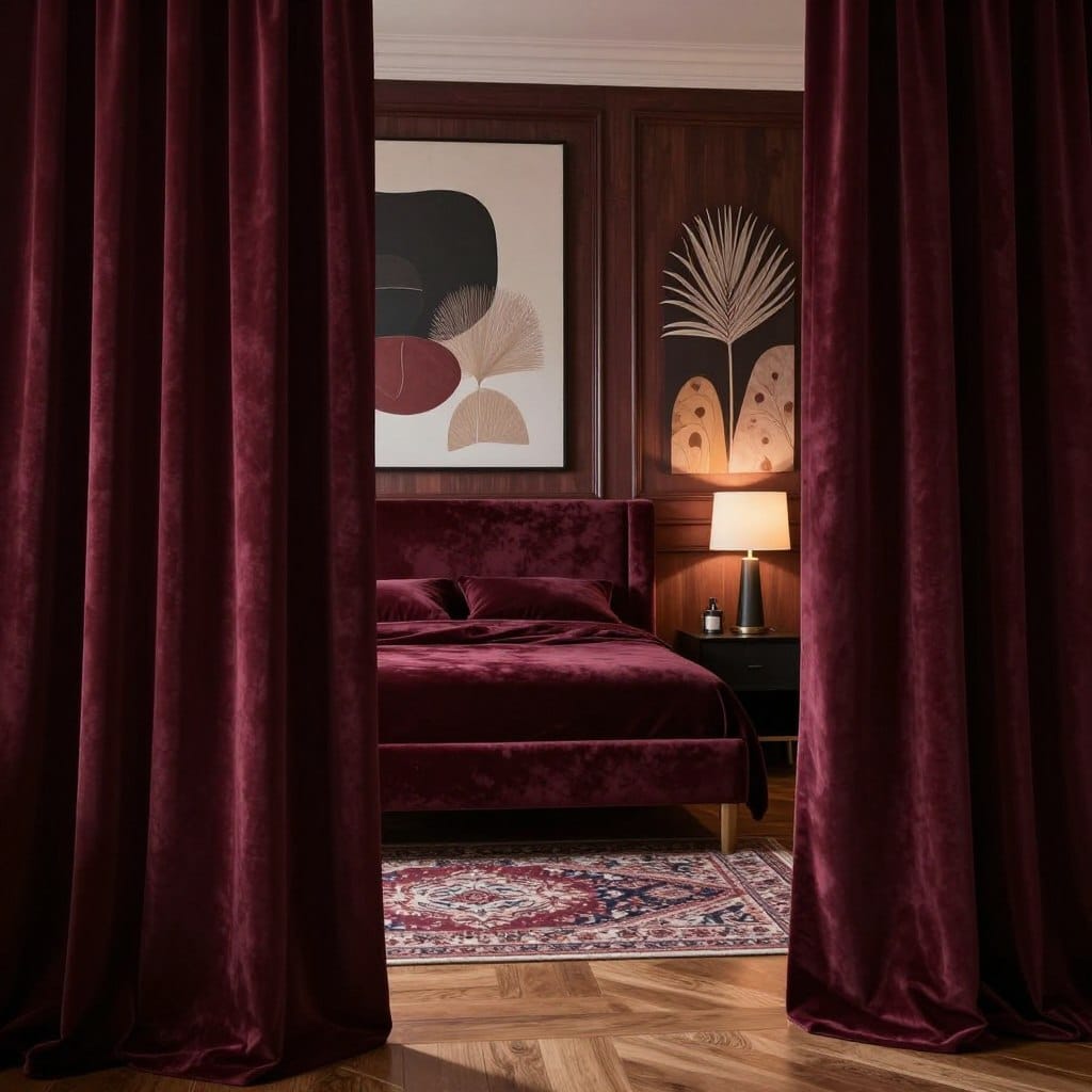 A cozy, moody bedroom featuring luxurious wall treatments. In the foreground, soft, textured curtains in deep burgundy frame the window, allowing soft, diffused light to filter through. The middle layer showcases a feature wall adorned with elegant, dark wood paneling and artistic wall art in muted tones, such as abstract shapes and nature-inspired themes. A beautifully crafted headboard upholstered in a rich velvet complements the wall treatments. The background reveals soft, ambient lighting from a stylish lamp on a nightstand and an intricately designed rug on polished wooden floors. The overall atmosphere is intimate, romantic, and inviting, perfect for a serene retreat. The image should capture the essence of thoughtful design and a harmonious color palette, evoking a sense of tranquility and warmth.