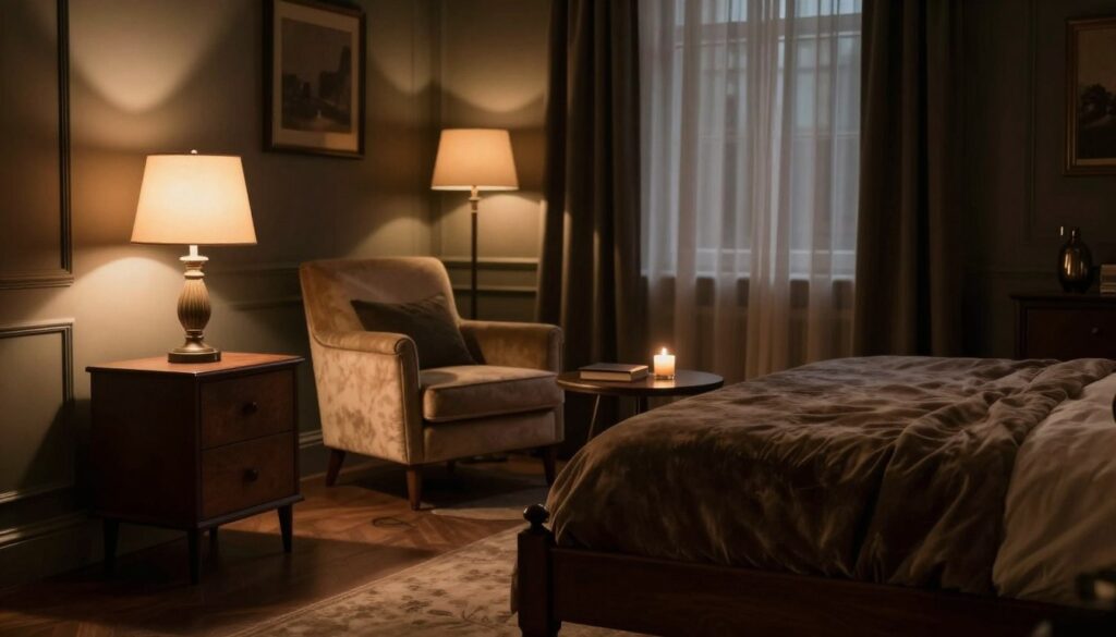 A cozy moody bedroom showcasing elegant furniture design, featuring a dark wooden bed frame with plush, deep-toned bedding, and a beautifully upholstered headboard. In the foreground, a minimalist nightstand with a vintage lamp emits warm, ambient light, casting gentle shadows across the room. The middle of the space features a stylish armchair draped in soft textiles, complemented by a small, round coffee table adorned with a candle and a book. The background reveals deep, rich walls with soft lighting, enhancing the warm atmosphere. Large, floor-to-ceiling curtains frame a window, allowing muted light to filter through. The overall mood is sophisticated and inviting, emphasizing comfort within a moody aesthetic. Shot with a slight angle to give depth, using a soft focus lens to create a dreamy effect. A cozy moody bedroom showcasing elegant furniture design, featuring a dark wooden bed frame with plush, deep-toned bedding, and a beautifully upholstered headboard. In the foreground, a minimalist nightstand with a vintage lamp emits warm, ambient light, casting gentle shadows across the room. The middle of the space features a stylish armchair draped in soft textiles, complemented by a small, round coffee table adorned with a candle and a book. The background reveals deep, rich walls with soft lighting, enhancing the warm atmosphere. Large, floor-to-ceiling curtains frame a window, allowing muted light to filter through. The overall mood is sophisticated and inviting, emphasizing comfort within a moody aesthetic. Shot with a slight angle to give depth, using a soft focus lens to create a dreamy effect.