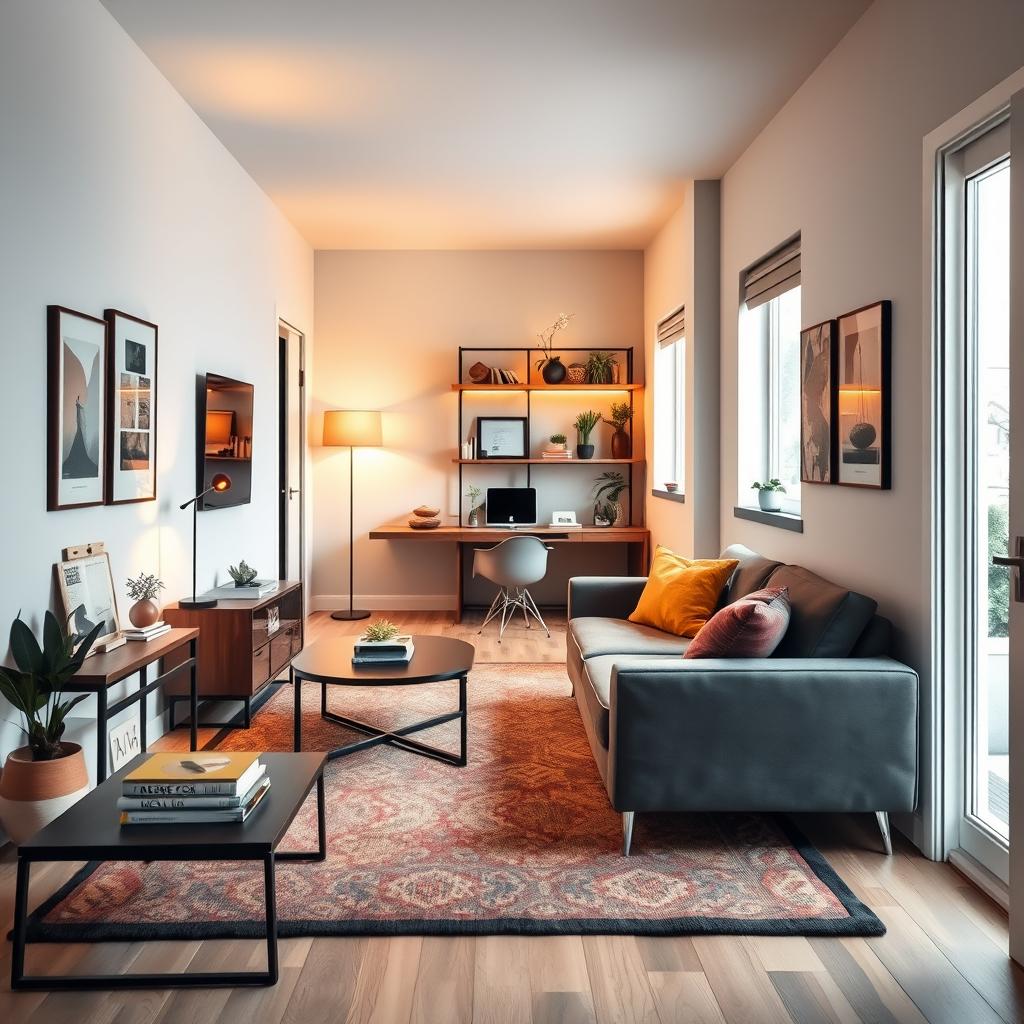A cozy narrow living room interior showcasing a smart furniture arrangement that defines various zones of use. In the foreground, a sleek sofa with colorful cushions creates a comfortable seating area, positioned against a patterned rug. To the left, a stylish coffee table with decorative books and a small plant, signifying a conversation zone. The middle ground features a compact workstation with a modern desk and chair, illustrating a functional work zone. In the background, soft ambient lighting casts a warm glow, highlighting a decorative bookshelf filled with plants and art pieces. Natural light filters through a large window, enhancing the inviting atmosphere. The overall mood is harmonious and well-organized, demonstrating a practical yet stylish approach to narrow living spaces.