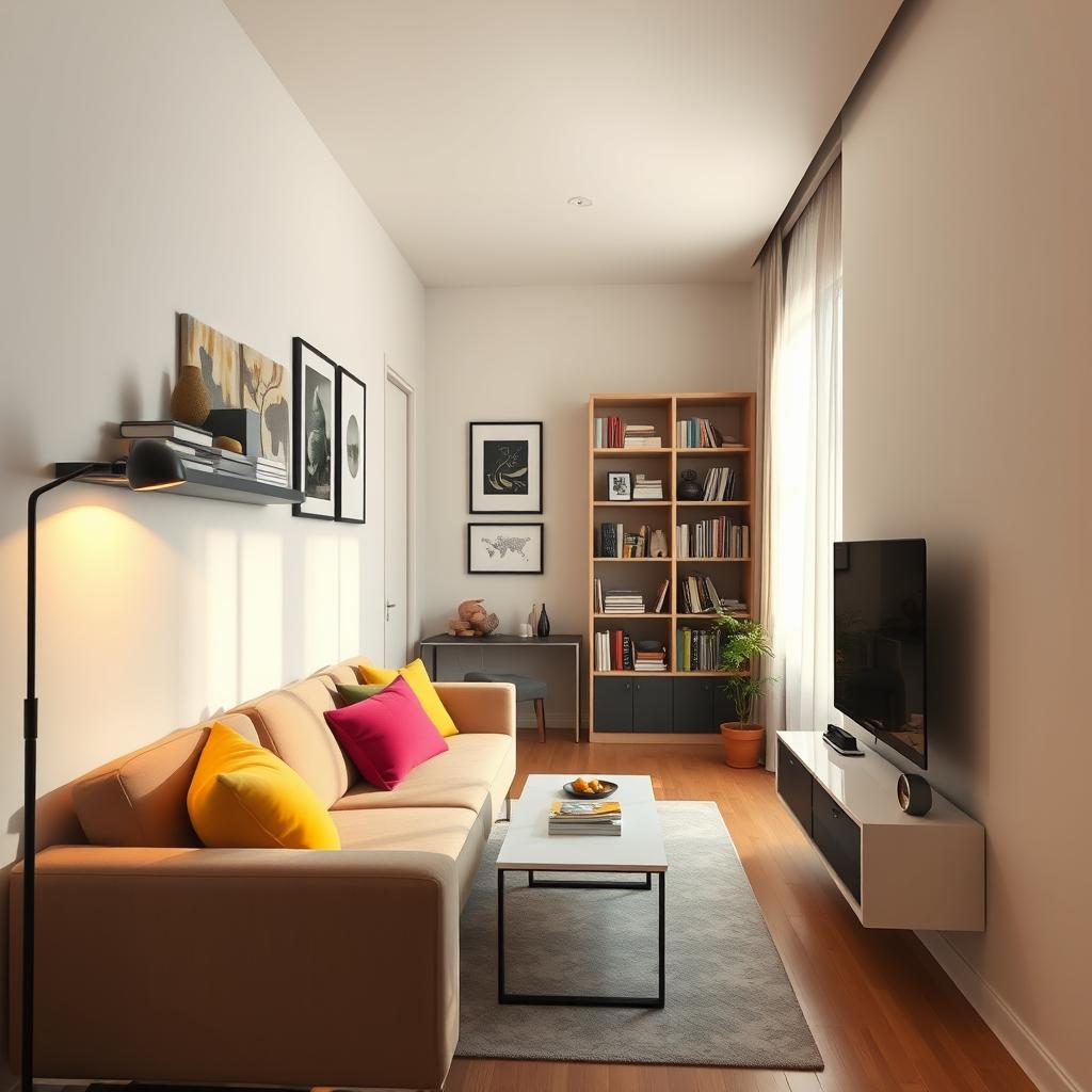 A cozy narrow living room, showcasing innovative space decorating ideas. In the foreground, a stylish, minimalist sofa against the wall with vibrant cushions, complemented by a sleek coffee table. The middle features a narrow bookshelf filled with decorative items and books, accentuating the room's length. On the opposite wall, a gallery of framed art enhances visual interest. Soft, warm lighting creates an inviting atmosphere, with sunlight streaming in through a large window adorned with light, sheer curtains. The background showcases a small, well-placed plant in the corner. The overall mood is modern and harmonious, emphasizing clever use of space. Angle the image to capture the depth and layout effectively, showcasing how to make the most of a narrow living environment.