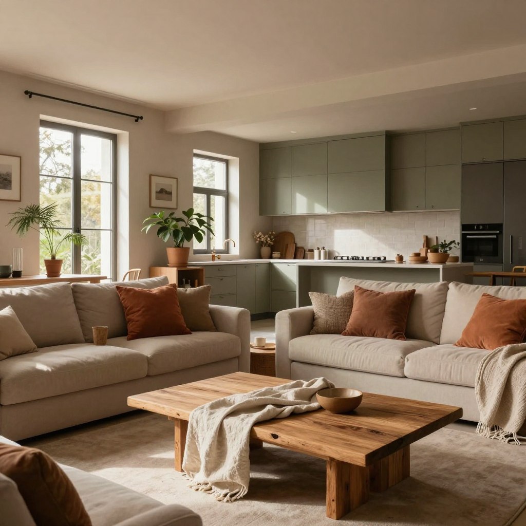 A cozy open-plan living space featuring warm earthy neutral wall colors like soft taupe, muted terracotta, and gentle olive green. In the foreground, a stylish low coffee table made of reclaimed wood is adorned with a soft linen throw and textured cushions in complementary shades. The middle ground showcases a modern kitchen area with elegant cabinetry, blending seamlessly into the living area. Large windows allow natural light to fill the room, casting soft shadows and creating an inviting atmosphere. In the background, potted plants add a touch of greenery, harmonizing with the warm tones. The overall mood is serene and comforting, reflecting contemporary design trends. Shot with a wide-angle lens to emphasize the spaciousness, and captured in soft, diffused daylight to enhance the warmth of the colors. A cozy open-plan living space featuring warm earthy neutral wall colors like soft taupe, muted terracotta, and gentle olive green. In the foreground, a stylish low coffee table made of reclaimed wood is adorned with a soft linen throw and textured cushions in complementary shades. The middle ground showcases a modern kitchen area with elegant cabinetry, blending seamlessly into the living area. Large windows allow natural light to fill the room, casting soft shadows and creating an inviting atmosphere. In the background, potted plants add a touch of greenery, harmonizing with the warm tones. The overall mood is serene and comforting, reflecting contemporary design trends. Shot with a wide-angle lens to emphasize the spaciousness, and captured in soft, diffused daylight to enhance the warmth of the colors.