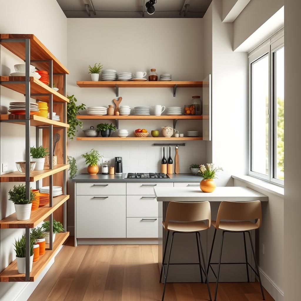 A cozy open shelving kitchen design set in a small, modern space. The foreground features neatly arranged wooden shelves showcasing a variety of colorful dishware, herbs in stylish pots, and decorative kitchen accessories. The middle ground includes a compact kitchen island with minimalist bar stools, complementing the open shelving. The background displays sleek cabinetry, soft white walls, and a window allowing natural light to flood the area, creating a warm and inviting atmosphere. Use soft, diffused lighting to enhance the friendly mood. Capture the scene from a slightly elevated angle to provide a comprehensive view, emphasizing both functionality and aesthetic appeal. A cozy open shelving kitchen design set in a small, modern space. The foreground features neatly arranged wooden shelves showcasing a variety of colorful dishware, herbs in stylish pots, and decorative kitchen accessories. The middle ground includes a compact kitchen island with minimalist bar stools, complementing the open shelving. The background displays sleek cabinetry, soft white walls, and a window allowing natural light to flood the area, creating a warm and inviting atmosphere. Use soft, diffused lighting to enhance the friendly mood. Capture the scene from a slightly elevated angle to provide a comprehensive view, emphasizing both functionality and aesthetic appeal.