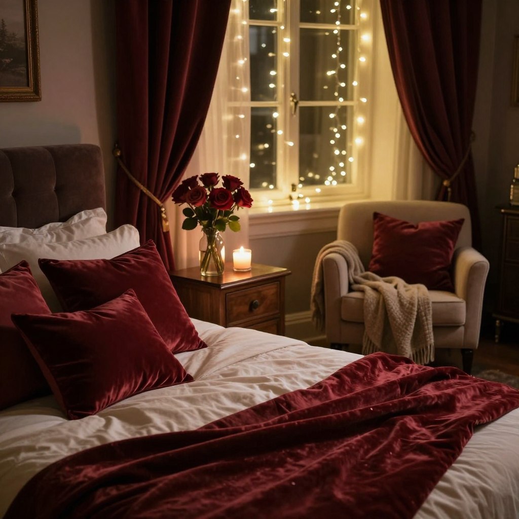 A cozy, romantic bedroom designed with a moody atmosphere. In the foreground, a plush king-size bed adorned with soft, layered throws and numerous decorative pillows in rich velvet and satin textures. The middle layer features a rich wooden nightstand with a delicate vase holding fresh roses and a softly glowing candle. A stylish, neutral-toned armchair with a throw blanket adds warmth. In the background, dark, flowing curtains frame a window draped with fairy lights, casting a twinkling glow. Warm, diffused lighting enhances the intimate ambiance, while the overall color palette includes deep reds, soft creams, and dark browns. The scene is inviting and captures the essence of a romantic retreat, reflecting tranquility and elegance. A cozy, romantic bedroom designed with a moody atmosphere. In the foreground, a plush king-size bed adorned with soft, layered throws and numerous decorative pillows in rich velvet and satin textures. The middle layer features a rich wooden nightstand with a delicate vase holding fresh roses and a softly glowing candle. A stylish, neutral-toned armchair with a throw blanket adds warmth. In the background, dark, flowing curtains frame a window draped with fairy lights, casting a twinkling glow. Warm, diffused lighting enhances the intimate ambiance, while the overall color palette includes deep reds, soft creams, and dark browns. The scene is inviting and captures the essence of a romantic retreat, reflecting tranquility and elegance.