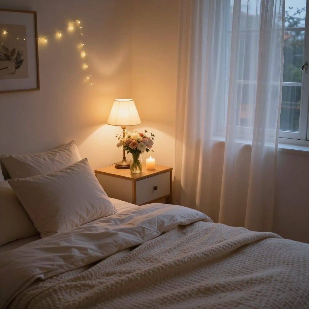 A cozy romantic bedroom featuring a soft, inviting color palette with warm lighting. In the foreground, a beautifully made bed with plush pillows and a delicate, textured throw blanket adds homely charm. The middle ground displays a stylish bedside table adorned with a small bouquet of fresh flowers and softly flickering candles, casting gentle shadows. A vintage-style lamp with a warm glow provides soft illumination. In the background, sheer curtains frame a window that lets in the calming glow of twilight. Decor elements include fairy lights draped artistically and wall art that exudes tranquility. The overall atmosphere is intimate and serene, perfect for a romantic evening, captured from a slightly elevated angle to showcase the full ambiance.