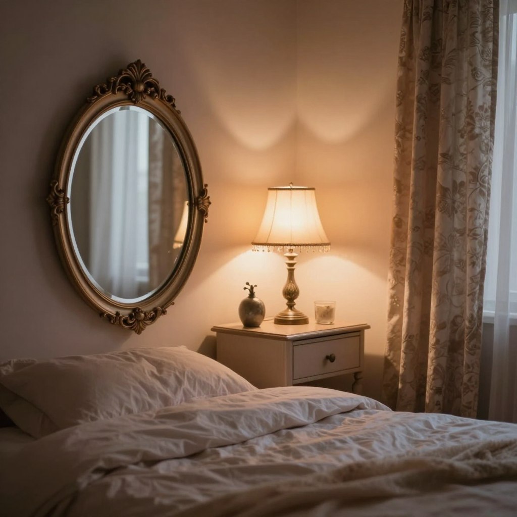A cozy, romantic bedroom featuring stylish accent mirrors that reflect soft LED lights in warm tones. In the foreground, a beautifully framed round mirror with an ornate design reflects shimmering light. The middle features a softly lit nightstand with a decorative lamp casting a warm glow, surrounded by tasteful decor items. In the background, walls adorned with subtle colors enhance the moody atmosphere, complemented by patterned curtains that drape elegantly. The room is bathed in a gentle, diffused lighting that highlights the soft textures of a plush bedding set. Use a shallow depth of field to focus on the mirror and lamp, creating a dreamy, intimate feel. The overall mood is serene and inviting, perfect for a romantic setting. A cozy, romantic bedroom featuring stylish accent mirrors that reflect soft LED lights in warm tones. In the foreground, a beautifully framed round mirror with an ornate design reflects shimmering light. The middle features a softly lit nightstand with a decorative lamp casting a warm glow, surrounded by tasteful decor items. In the background, walls adorned with subtle colors enhance the moody atmosphere, complemented by patterned curtains that drape elegantly. The room is bathed in a gentle, diffused lighting that highlights the soft textures of a plush bedding set. Use a shallow depth of field to focus on the mirror and lamp, creating a dreamy, intimate feel. The overall mood is serene and inviting, perfect for a romantic setting.