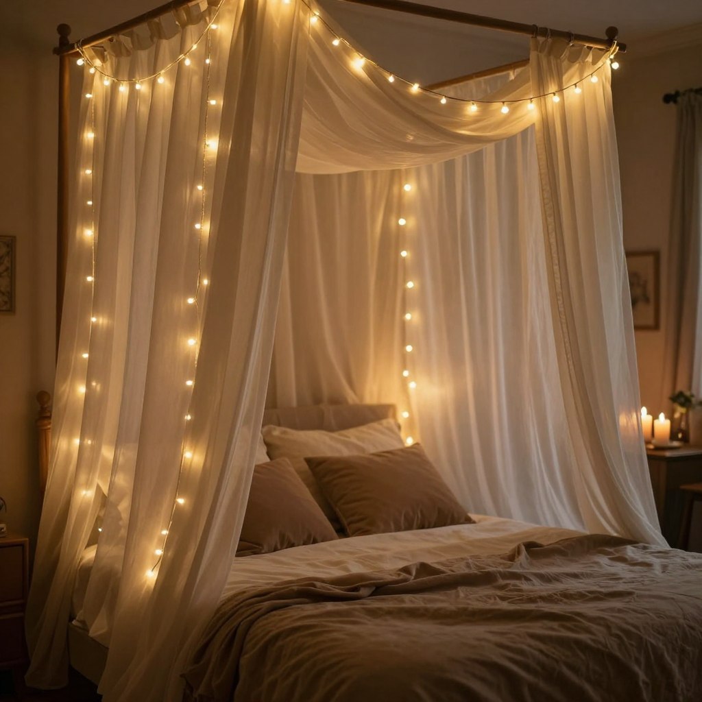 A cozy, romantic bedroom scene featuring a sensual canopy created with soft, flowing curtains illuminated by warm LED rope lights. In the foreground, delicate fabric drapes hang gracefully from a wooden frame, casting a gentle glow. The middle section reveals plush pillows and a neatly made bed in inviting earth tones, creating a serene atmosphere. In the background, softly blurred, there are hints of ambient decor such as tasteful wall art and a nightstand with flickering candles. The lighting is warm and inviting, suggesting an intimate mood. The angle is slightly high, capturing the atmospheric glow of the LEDs while emphasizing the inviting layers of fabric in the canopy. The overall ambiance should evoke a feeling of romance and tranquility, perfect for a calming evening retreat. A cozy, romantic bedroom scene featuring a sensual canopy created with soft, flowing curtains illuminated by warm LED rope lights. In the foreground, delicate fabric drapes hang gracefully from a wooden frame, casting a gentle glow. The middle section reveals plush pillows and a neatly made bed in inviting earth tones, creating a serene atmosphere. In the background, softly blurred, there are hints of ambient decor such as tasteful wall art and a nightstand with flickering candles. The lighting is warm and inviting, suggesting an intimate mood. The angle is slightly high, capturing the atmospheric glow of the LEDs while emphasizing the inviting layers of fabric in the canopy. The overall ambiance should evoke a feeling of romance and tranquility, perfect for a calming evening retreat.