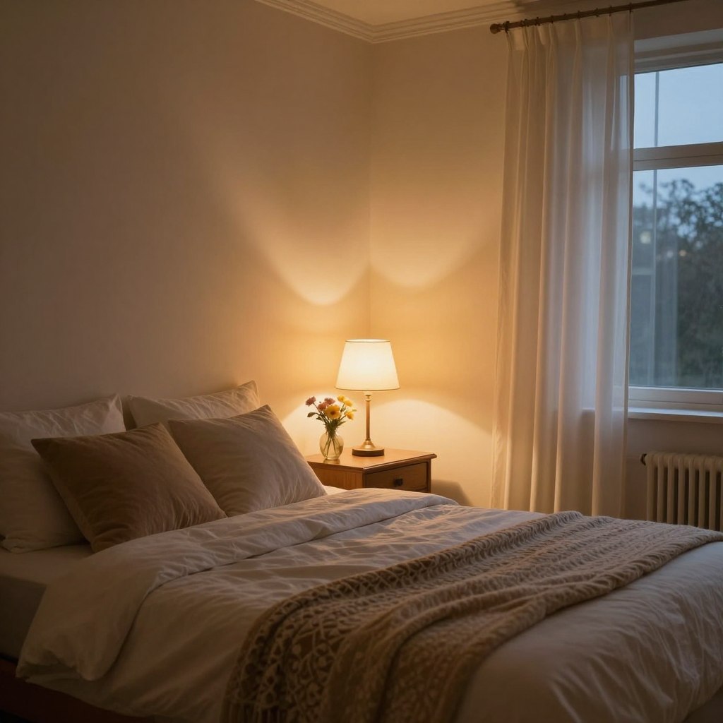 A cozy, romantic bedroom scene featuring soft LED lights in warm hues casting gentle glows on the walls. The foreground shows a neatly made bed with plush, fluffy pillows and a decorative throw blanket in muted colors. In the middle, an elegant bedside table holds a small vase of fresh flowers and a stylish lamp emitting a soft light. The background features a window with sheer curtains, allowing a hint of twilight to filter in, enhancing the moody ambiance. The overall atmosphere should evoke tranquility and intimacy, inviting the viewer into a peaceful retreat. A wide-angle lens captures the entire room, with a focus on the interplay of light and shadow, emphasizing comfort and warmth in the design. A cozy, romantic bedroom scene featuring soft LED lights in warm hues casting gentle glows on the walls. The foreground shows a neatly made bed with plush, fluffy pillows and a decorative throw blanket in muted colors. In the middle, an elegant bedside table holds a small vase of fresh flowers and a stylish lamp emitting a soft light. The background features a window with sheer curtains, allowing a hint of twilight to filter in, enhancing the moody ambiance. The overall atmosphere should evoke tranquility and intimacy, inviting the viewer into a peaceful retreat. A wide-angle lens captures the entire room, with a focus on the interplay of light and shadow, emphasizing comfort and warmth in the design.