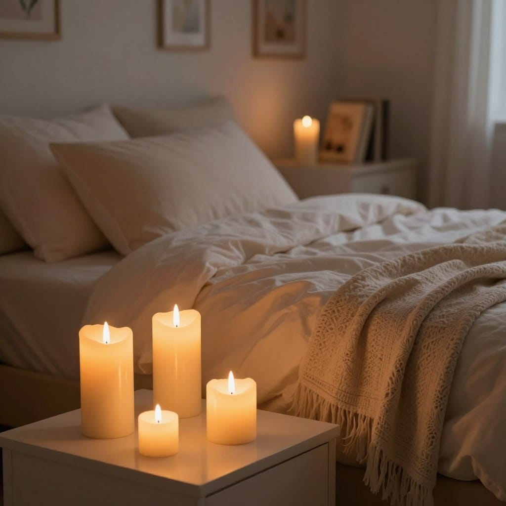 A cozy, romantic bedroom setting illuminated by soft, warm light emanating from several elegant LED candles placed on a stylish nightstand. The foreground features a variety of flameless candle designs—some tall and pillar-like, others small and votive, all glowing gently to create an intimate atmosphere. In the middle of the scene, a plush bed adorned with soft, neutral-toned linens invites relaxation, while a delicate throw adds a touch of warmth. The background includes softly blurred walls decorated with soothing artwork, and a small bookshelf filled with romantic novels. The lighting is dim yet inviting, enhancing the cozy mood. A shallow depth of field highlights the candles and bed, creating a warm, serene environment perfect for romance.