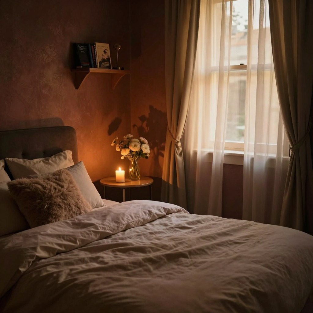 A cozy, romantic bedroom setting with a warm, inviting atmosphere. The foreground features a plush, neatly made bed dressed in soft, muted-toned bedding accented with fluffy pillows. In the middle, a stylish side table holds a flickering candle and a small vase of fresh flowers, reflecting a sense of intimacy. The background showcases richly textured walls painted in deep, moody colors, harmonized by soft ambient lighting that casts a gentle glow throughout the room. A large window draped with delicate curtains lets in filtered, golden light, creating a serene ambiance. A small bookshelf in the corner displays a few romance novels and an elegant lamp. The overall mood is tranquil and cozy, inviting viewers to envision a peaceful, romantic retreat. A cozy, romantic bedroom setting with a warm, inviting atmosphere. The foreground features a plush, neatly made bed dressed in soft, muted-toned bedding accented with fluffy pillows. In the middle, a stylish side table holds a flickering candle and a small vase of fresh flowers, reflecting a sense of intimacy. The background showcases richly textured walls painted in deep, moody colors, harmonized by soft ambient lighting that casts a gentle glow throughout the room. A large window draped with delicate curtains lets in filtered, golden light, creating a serene ambiance. A small bookshelf in the corner displays a few romance novels and an elegant lamp. The overall mood is tranquil and cozy, inviting viewers to envision a peaceful, romantic retreat.