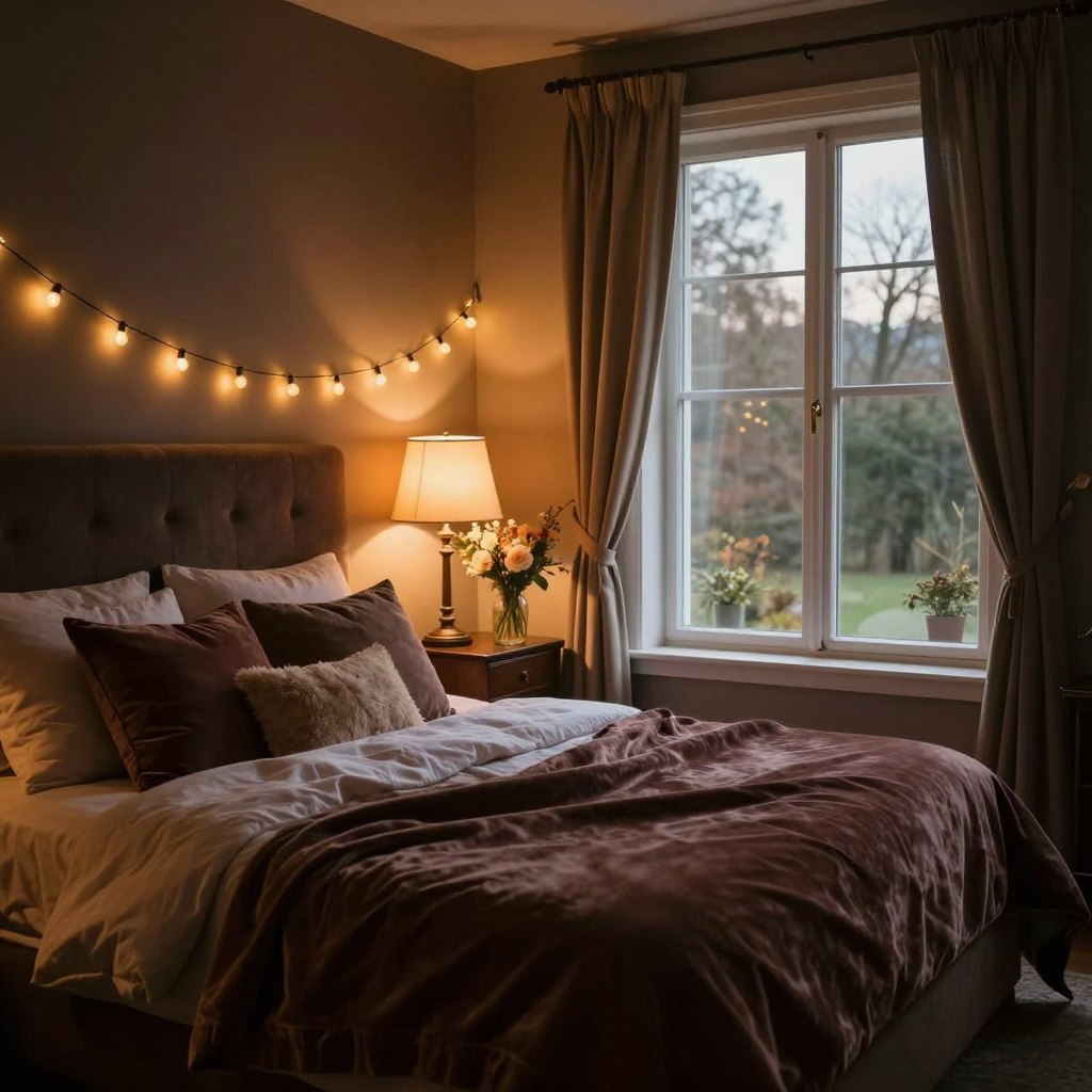 A cozy romantic bedroom softly lit with warm, dim lighting, creating an intimate atmosphere. In the foreground, a plush king-sized bed adorned with rich, dark velvet blankets and an array of fluffy pillows. Elegant string lights drape above the headboard, casting a gentle glow. The middle layer features a stylish bedside table with a vintage lamp and a vase of fresh seasonal flowers, adding a touch of nature. In the background, large windows reveal a serene outdoor view, the curtains gently swaying with a light breeze. The walls are painted in deep hues, enhancing the moody ambience. Overall, the scene exudes warmth and romance, ideal for a seasonal update that transforms the space into a dreamy retreat. A cozy romantic bedroom softly lit with warm, dim lighting, creating an intimate atmosphere. In the foreground, a plush king-sized bed adorned with rich, dark velvet blankets and an array of fluffy pillows. Elegant string lights drape above the headboard, casting a gentle glow. The middle layer features a stylish bedside table with a vintage lamp and a vase of fresh seasonal flowers, adding a touch of nature. In the background, large windows reveal a serene outdoor view, the curtains gently swaying with a light breeze. The walls are painted in deep hues, enhancing the moody ambience. Overall, the scene exudes warmth and romance, ideal for a seasonal update that transforms the space into a dreamy retreat.
