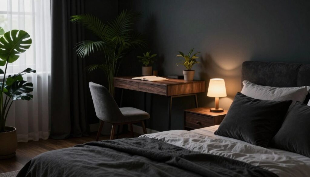A cozy small bedroom featuring elegant furniture solutions tailored for a moody aesthetic. In the foreground, a stylish, compact bed with soft, dark bedding and plush pillows. A minimalist nightstand with a small lamp emitting warm, ambient light sits next to the bed. In the middle, a small writing desk with a sleek, dark wood finish, accompanied by a comfortable chair, framed by lush indoor plants adding a touch of green. The background features deep, moody walls in rich colors, partially illuminated by a soft, natural light filtering through a window with sheer curtains. The atmosphere is intimate and sophisticated, evoking comfort and a sense of tranquility. Emphasize details like textures in fabrics and wood grains, all while maintaining a balanced composition and inviting ambiance. A cozy small bedroom featuring elegant furniture solutions tailored for a moody aesthetic. In the foreground, a stylish, compact bed with soft, dark bedding and plush pillows. A minimalist nightstand with a small lamp emitting warm, ambient light sits next to the bed. In the middle, a small writing desk with a sleek, dark wood finish, accompanied by a comfortable chair, framed by lush indoor plants adding a touch of green. The background features deep, moody walls in rich colors, partially illuminated by a soft, natural light filtering through a window with sheer curtains. The atmosphere is intimate and sophisticated, evoking comfort and a sense of tranquility. Emphasize details like textures in fabrics and wood grains, all while maintaining a balanced composition and inviting ambiance.
