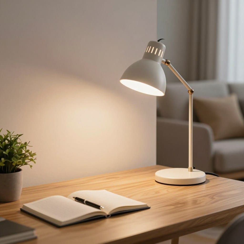 A cozy, small desk setting featuring strategic task lighting. In the foreground, a sleek, modern desk lamp with an adjustable arm, casting warm, inviting light on a minimalistic wooden desk. An open notebook and a pen lie neatly beside a small potted plant, enhancing the workspace aesthetics. In the middle ground, the light from the lamp creates soft shadows, highlighting the elegant texture of the desk surface. In the background, a softly blurred living room with light-colored walls and a comfortable armchair, suggesting a warm atmosphere. The lighting is bright yet soft, creating a calm and focused mood, suitable for work or reading. The scene is captured from a slightly elevated angle, showcasing both the task lighting and the overall ambiance of the small living space.