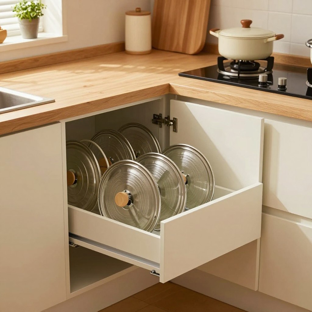 A cozy small kitchen showcasing an innovative pot lid storage solution. In the foreground, neatly organized pot lids are stored vertically in a sleek, custom-built cabinet drawer, making them easily accessible. The middle section features a compact kitchen layout with minimalistic cabinetry, a stylish countertop, and a small stove. Soft, warm lighting highlights the various textures of the cabinetry and countertops, creating a welcoming atmosphere. The background includes subtle hints of kitchen decor, like potted herbs on a windowsill, adding freshness to the setting. Shot from a slightly elevated angle to emphasize the clever design. The overall mood is inspiring and functional, encouraging efficient use of space in a small kitchen.