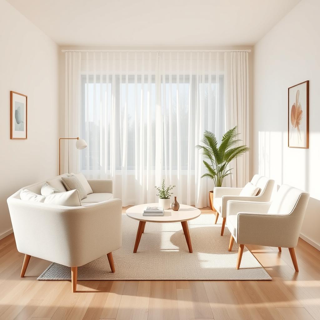 A cozy small living room decorated with light, airy furniture on legs to enhance the open feel. In the foreground, a sleek, upholstered sofa in soft pastel tones complements a pair of minimalist armchairs with wooden legs. On a low-profile coffee table, a few decorative books and a small potted plant add life without clutter. The middle layer features a light rug that softly defines the seating area. In the background, airy sheer curtains frame a large window, diffusing soft, natural light throughout the room. The walls are painted in a light hue, reflecting brightness and warmth. The angle is a slightly elevated perspective, capturing the full layout with a focus on spaciousness. The overall mood is inviting and uplifting, perfect for a space designed to combat the absence of natural light.