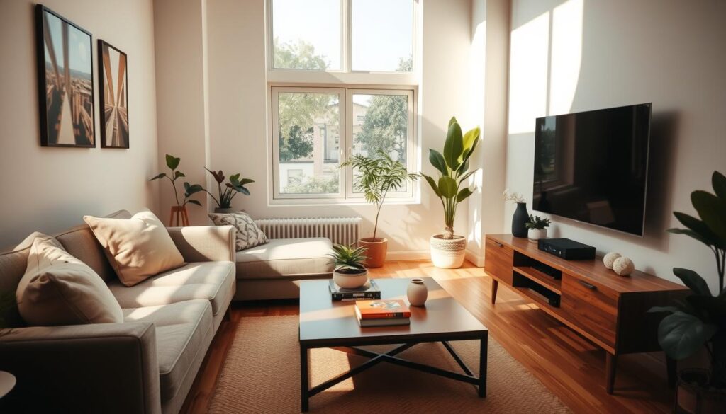 A cozy small living room designed for functionality and style, featuring a compact sofa adorned with cushions in soft, earthy tones. In the foreground, a stylish coffee table holds a few colorful books and a small potted plant. The middle ground showcases a sleek media console with decorative items and a wall-mounted TV to save space. Natural light pours in from a large window, casting gentle shadows across the room, enhancing the warmth of the wooden flooring. Houseplants in the corners add a touch of greenery. The walls are painted in a light neutral tone, creating an open and inviting atmosphere. The camera angle is slightly elevated, capturing the full layout of the room while maintaining an intimate and inviting feel. A cozy small living room designed for functionality and style, featuring a compact sofa adorned with cushions in soft, earthy tones. In the foreground, a stylish coffee table holds a few colorful books and a small potted plant. The middle ground showcases a sleek media console with decorative items and a wall-mounted TV to save space. Natural light pours in from a large window, casting gentle shadows across the room, enhancing the warmth of the wooden flooring. Houseplants in the corners add a touch of greenery. The walls are painted in a light neutral tone, creating an open and inviting atmosphere. The camera angle is slightly elevated, capturing the full layout of the room while maintaining an intimate and inviting feel.