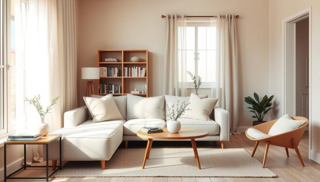 A cozy small living room designed with a neutral color palette featuring soft beiges, warm grays, and muted whites. In the foreground, a plush, light gray sofa is adorned with pastel throw pillows. To one side, a stylish wooden coffee table holds a few decorative books and a minimalist vase with greenery. In the middle, an area rug complements the color scheme, creating a cohesive look. The background includes a simple bookshelf filled with neatly arranged books and a few tasteful decor items. Natural light pours in from a large window with sheer curtains, casting a warm, inviting glow throughout the space. The overall atmosphere is serene and harmonizing, emphasizing style and functionality in a compact living area. A cozy small living room designed with a neutral color palette featuring soft beiges, warm grays, and muted whites. In the foreground, a plush, light gray sofa is adorned with pastel throw pillows. To one side, a stylish wooden coffee table holds a few decorative books and a minimalist vase with greenery. In the middle, an area rug complements the color scheme, creating a cohesive look. The background includes a simple bookshelf filled with neatly arranged books and a few tasteful decor items. Natural light pours in from a large window with sheer curtains, casting a warm, inviting glow throughout the space. The overall atmosphere is serene and harmonizing, emphasizing style and functionality in a compact living area.