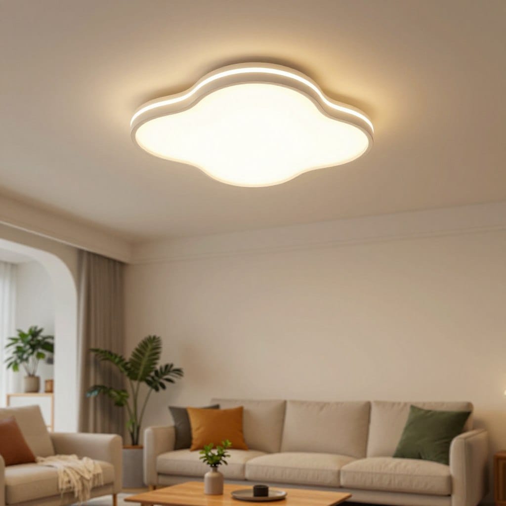 A cozy small living room featuring a stylish and modern ceiling light fixture that illuminates the space. In the foreground, add a comfortable sofa adorned with vibrant cushions, a low coffee table, and a few decorative plants. The middle ground showcases a sleek ceiling light with an intricate design, casting a warm glow that enhances the ambiance. The background should include subtle, soft-toned walls and a hint of artwork, emphasizing the importance of the ceiling as the 'fifth wall.' Use warm lighting to create an inviting atmosphere, with a softly blurred effect to focus on the light fixture, capturing the essence of maximizing a small space beautifully. Ensure the image is bright and uplifting, highlighting how thoughtful lighting can transform a compact area into a charming retreat.