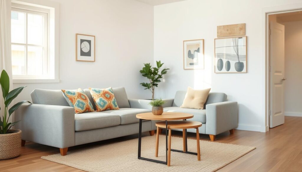 A cozy small living room featuring a stylish convertible sofa in soft gray fabric, positioned in the foreground. The sofa is adorned with colorful patterned cushions, inviting relaxation. Beside it, a set of sleek nesting coffee tables in warm wood tones are elegantly arranged, showcasing a modern design. In the middle ground, a minimalist rug adds texture, while a potted plant infuses a touch of greenery and life. The background reveals light, airy walls with tasteful art pieces, creating a harmonious and inviting atmosphere. Soft, natural light streams through a nearby window, illuminating the space, accentuating the clean lines and functional elegance. The overall mood is warm and welcoming, perfect for maximizing both style and comfort in a small living area. A cozy small living room featuring a stylish convertible sofa in soft gray fabric, positioned in the foreground. The sofa is adorned with colorful patterned cushions, inviting relaxation. Beside it, a set of sleek nesting coffee tables in warm wood tones are elegantly arranged, showcasing a modern design. In the middle ground, a minimalist rug adds texture, while a potted plant infuses a touch of greenery and life. The background reveals light, airy walls with tasteful art pieces, creating a harmonious and inviting atmosphere. Soft, natural light streams through a nearby window, illuminating the space, accentuating the clean lines and functional elegance. The overall mood is warm and welcoming, perfect for maximizing both style and comfort in a small living area.