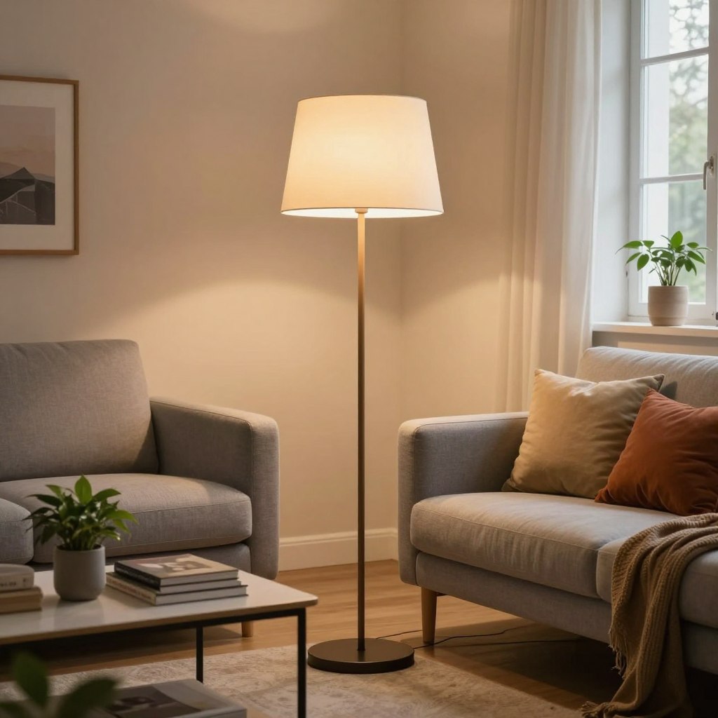 A cozy small living room featuring a stylish floor lamp in the foreground, with a sleek, soft-colored shade casting warm light. The lamp stands beside a modern sofa upholstered in light grey, complemented by colorful throw pillows. In the middle ground, a minimalist coffee table with a few art books and a fresh plant adds a touch of greenery. The background shows soft, warm-toned walls with a few framed pictures, and a window allowing gentle daylight to mix with the lamp's glow, creating a welcoming atmosphere. The scene is captured from a slightly elevated angle to emphasize the lamp's height and sculptural presence, evoking a calm and inviting mood perfect for a relaxing evening. A cozy small living room featuring a stylish floor lamp in the foreground, with a sleek, soft-colored shade casting warm light. The lamp stands beside a modern sofa upholstered in light grey, complemented by colorful throw pillows. In the middle ground, a minimalist coffee table with a few art books and a fresh plant adds a touch of greenery. The background shows soft, warm-toned walls with a few framed pictures, and a window allowing gentle daylight to mix with the lamp's glow, creating a welcoming atmosphere. The scene is captured from a slightly elevated angle to emphasize the lamp's height and sculptural presence, evoking a calm and inviting mood perfect for a relaxing evening.