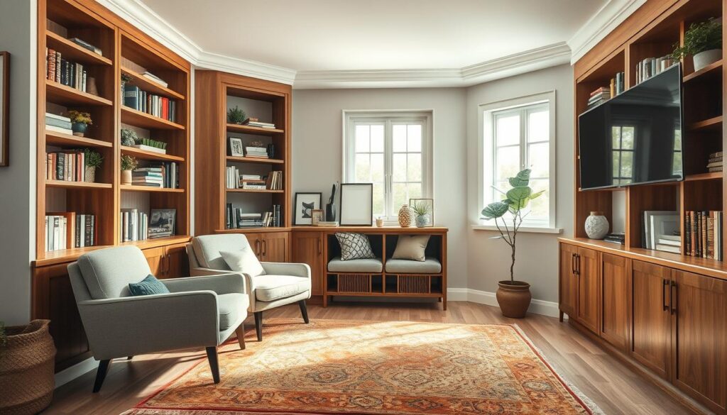 A cozy small living room featuring built-in bookcases and a storage nook, designed with a blend of modern and rustic elements. In the foreground, showcase a stylish armchair next to a warm, inviting area rug. The middle layer should highlight elegant wood bookcases filled with neatly arranged books, decorative plants, and art pieces. Include a charming storage nook with plush cushions, perfect for reading or relaxing. The background displays a softly lit window bringing in natural light, enhancing the room's warmth. Use a wide-angle lens to capture the full essence of the space, with a mellow color palette that evokes a soothing atmosphere, ideal for small living room decor. A cozy small living room featuring built-in bookcases and a storage nook, designed with a blend of modern and rustic elements. In the foreground, showcase a stylish armchair next to a warm, inviting area rug. The middle layer should highlight elegant wood bookcases filled with neatly arranged books, decorative plants, and art pieces. Include a charming storage nook with plush cushions, perfect for reading or relaxing. The background displays a softly lit window bringing in natural light, enhancing the room's warmth. Use a wide-angle lens to capture the full essence of the space, with a mellow color palette that evokes a soothing atmosphere, ideal for small living room decor.