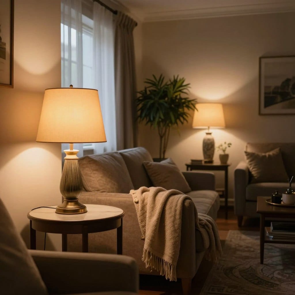A cozy small living room scene showcases the power of table lamps as ambient lighting. In the foreground, two stylish table lamps with warm-toned lampshades glow gently on an elegant side table, illuminating a nearby plush armchair adorned with a soft throw blanket. In the middle ground, a small coffee table holds decorative items and a potted plant, enhancing the inviting atmosphere. The background features a subtly decorated wall and a window draped with sheer curtains, allowing soft natural light to filter through. The overall lighting casts a warm, inviting glow, creating a serene and comfortable ambiance perfect for relaxation. The perspective is from a low angle, emphasizing the warmth and charm of the space, with a focus on detail and texture.