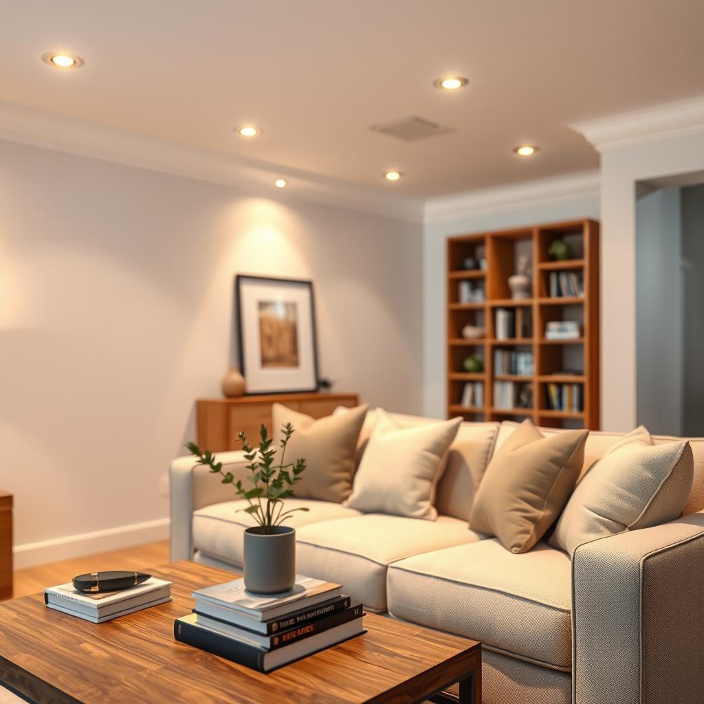 A cozy small living room showcasing ambient lighting with recessed can lights. In the foreground, a stylish coffee table with a decorative plant and a stack of books. The middle ground features soft, warm lighting emanating from elegantly installed recessed can lights in a white ceiling, subtly illuminating a plush sofa with neutral-colored throw pillows. In the background, a tastefully arranged bookshelf and a simple piece of wall art add character to the space. The atmosphere feels inviting and peaceful, enhanced by the soft glow of the lights against pastel wall colors. The angle captures the room from a slightly elevated perspective, highlighting the layered lighting effect, and the overall mood is serene and homely. A cozy small living room showcasing ambient lighting with recessed can lights. In the foreground, a stylish coffee table with a decorative plant and a stack of books. The middle ground features soft, warm lighting emanating from elegantly installed recessed can lights in a white ceiling, subtly illuminating a plush sofa with neutral-colored throw pillows. In the background, a tastefully arranged bookshelf and a simple piece of wall art add character to the space. The atmosphere feels inviting and peaceful, enhanced by the soft glow of the lights against pastel wall colors. The angle captures the room from a slightly elevated perspective, highlighting the layered lighting effect, and the overall mood is serene and homely.