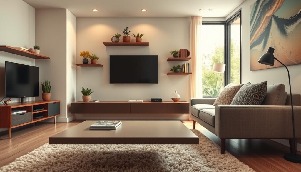 A cozy small living room showcasing innovative decor with floating furniture and a wall-mounted TV. In the foreground, a sleek, minimalist coffee table appears to hover above a plush area rug, expertly designed to maximize space. The middle section reveals a stylish wall-mounted TV surrounded by decorative shelving that holds plants and books, all integrated into the wall. A compact, modern couch sits against another wall, adorned with textured pillows. The background features a large window allowing natural light to flood the room, enhancing the airy atmosphere. Soft, warm lighting creates an inviting feel, while the angle captures the entire layout, emphasizing functionality and style. The color palette blends soft neutrals with pops of color for a harmonious look. A cozy small living room showcasing innovative decor with floating furniture and a wall-mounted TV. In the foreground, a sleek, minimalist coffee table appears to hover above a plush area rug, expertly designed to maximize space. The middle section reveals a stylish wall-mounted TV surrounded by decorative shelving that holds plants and books, all integrated into the wall. A compact, modern couch sits against another wall, adorned with textured pillows. The background features a large window allowing natural light to flood the room, enhancing the airy atmosphere. Soft, warm lighting creates an inviting feel, while the angle captures the entire layout, emphasizing functionality and style. The color palette blends soft neutrals with pops of color for a harmonious look.