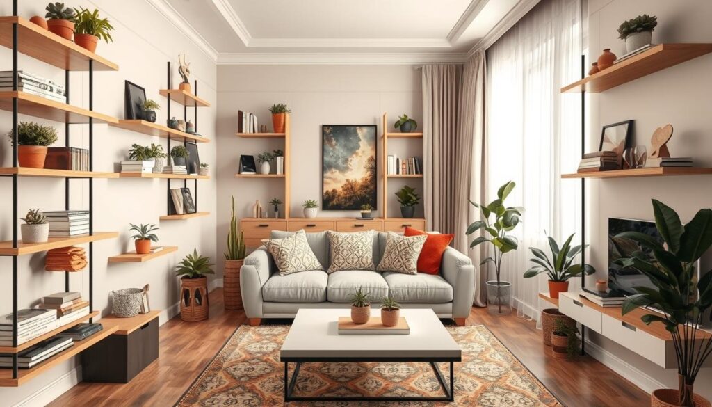 A cozy small living room showcasing innovative vertical storage solutions. The foreground features elegant floating shelves, filled with decorative plants, books, and small art pieces, arranged neatly along the walls. In the middle, a stylish, compact sofa is adorned with patterned cushions, facing a sleek coffee table. The background reveals a bright window with soft, flowing curtains, allowing natural light to bathe the space in warmth. The overall color palette combines soft neutrals with vibrant accents, creating a welcoming atmosphere. Use a wide-angle lens to capture the entire space, highlighting the height of the shelves and the intimate feel of the room. The mood is serene and stylish, inviting readers to envision a functional yet chic living area that maximizes vertical space. A cozy small living room showcasing innovative vertical storage solutions. The foreground features elegant floating shelves, filled with decorative plants, books, and small art pieces, arranged neatly along the walls. In the middle, a stylish, compact sofa is adorned with patterned cushions, facing a sleek coffee table. The background reveals a bright window with soft, flowing curtains, allowing natural light to bathe the space in warmth. The overall color palette combines soft neutrals with vibrant accents, creating a welcoming atmosphere. Use a wide-angle lens to capture the entire space, highlighting the height of the shelves and the intimate feel of the room. The mood is serene and stylish, inviting readers to envision a functional yet chic living area that maximizes vertical space.