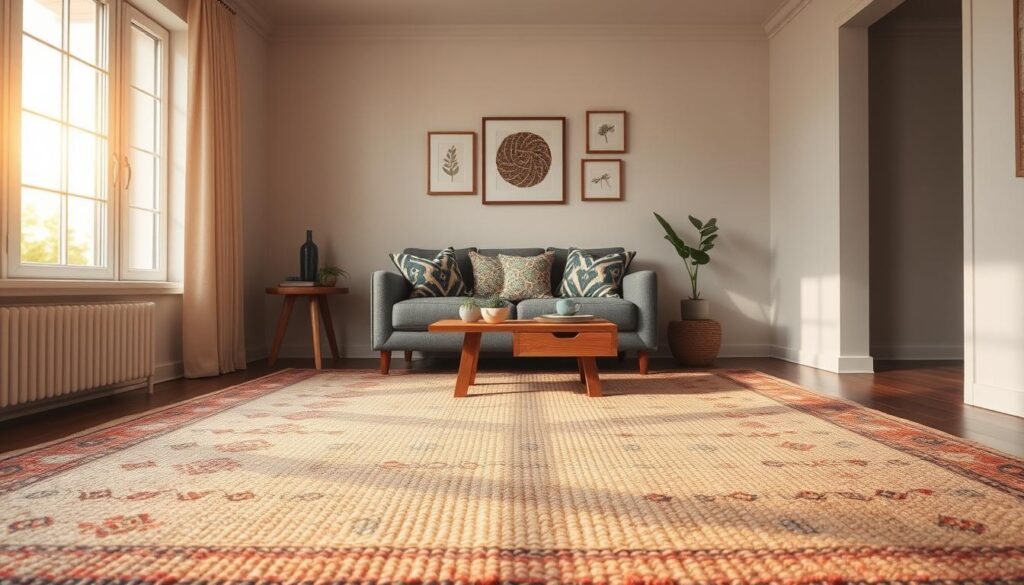 A cozy small living room showcasing layered area rugs for texture and zoning. In the foreground, a soft, colorful Persian rug is layered over a larger neutral jute rug, creating a warm and inviting feel. The middle section features a stylish, compact couch adorned with patterned cushions, next to a small coffee table made of reclaimed wood. On the walls, minimalistic, artfully arranged wall decor adds personality. The background includes a large window that lets in golden, warm sunlight, casting gentle shadows. The angle captures the depth of the room, emphasizing the contrasting rug textures and inviting ambiance. The overall mood is stylish and serene, with a sense of warmth and comfortable sophistication. A cozy small living room showcasing layered area rugs for texture and zoning. In the foreground, a soft, colorful Persian rug is layered over a larger neutral jute rug, creating a warm and inviting feel. The middle section features a stylish, compact couch adorned with patterned cushions, next to a small coffee table made of reclaimed wood. On the walls, minimalistic, artfully arranged wall decor adds personality. The background includes a large window that lets in golden, warm sunlight, casting gentle shadows. The angle captures the depth of the room, emphasizing the contrasting rug textures and inviting ambiance. The overall mood is stylish and serene, with a sense of warmth and comfortable sophistication.