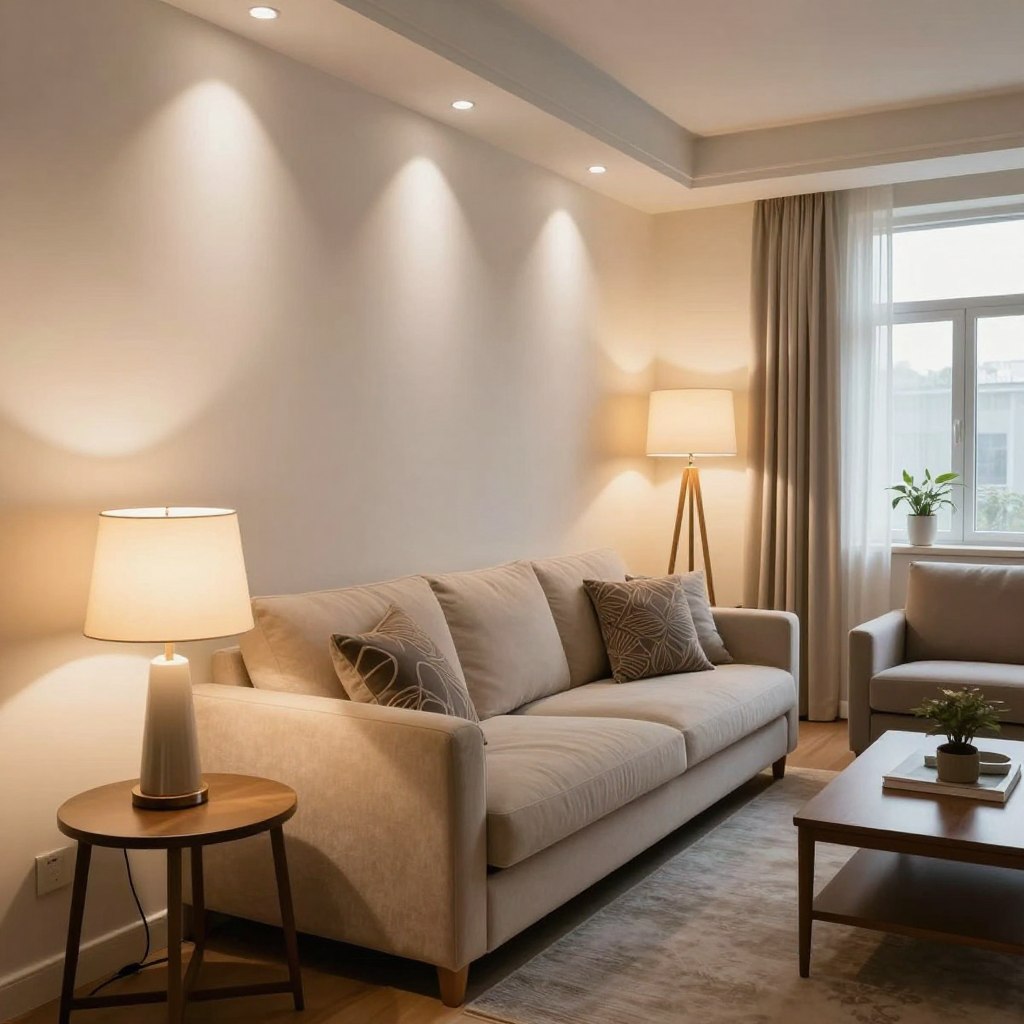A cozy small living room showcasing layered lighting techniques. In the foreground, a stylish side table with a sleek table lamp emitting warm light. In the middle, a plush sofa with decorative cushions, illuminated by a mix of soft overhead recessed lights and accent wall sconces casting gentle shadows. A beautiful floor lamp stands next to the sofa, contributing ambient light. In the background, a large window allowing natural light to filter in softly, enhancing the overall brightness of the room. The scene has a warm, inviting atmosphere, with a color palette of soft neutrals and pops of color. Capture this interior from a slightly elevated angle to emphasize the effective layering of light sources, creating a harmonious, bright space perfect for relaxation and social gatherings. A cozy small living room showcasing layered lighting techniques. In the foreground, a stylish side table with a sleek table lamp emitting warm light. In the middle, a plush sofa with decorative cushions, illuminated by a mix of soft overhead recessed lights and accent wall sconces casting gentle shadows. A beautiful floor lamp stands next to the sofa, contributing ambient light. In the background, a large window allowing natural light to filter in softly, enhancing the overall brightness of the room. The scene has a warm, inviting atmosphere, with a color palette of soft neutrals and pops of color. Capture this interior from a slightly elevated angle to emphasize the effective layering of light sources, creating a harmonious, bright space perfect for relaxation and social gatherings.