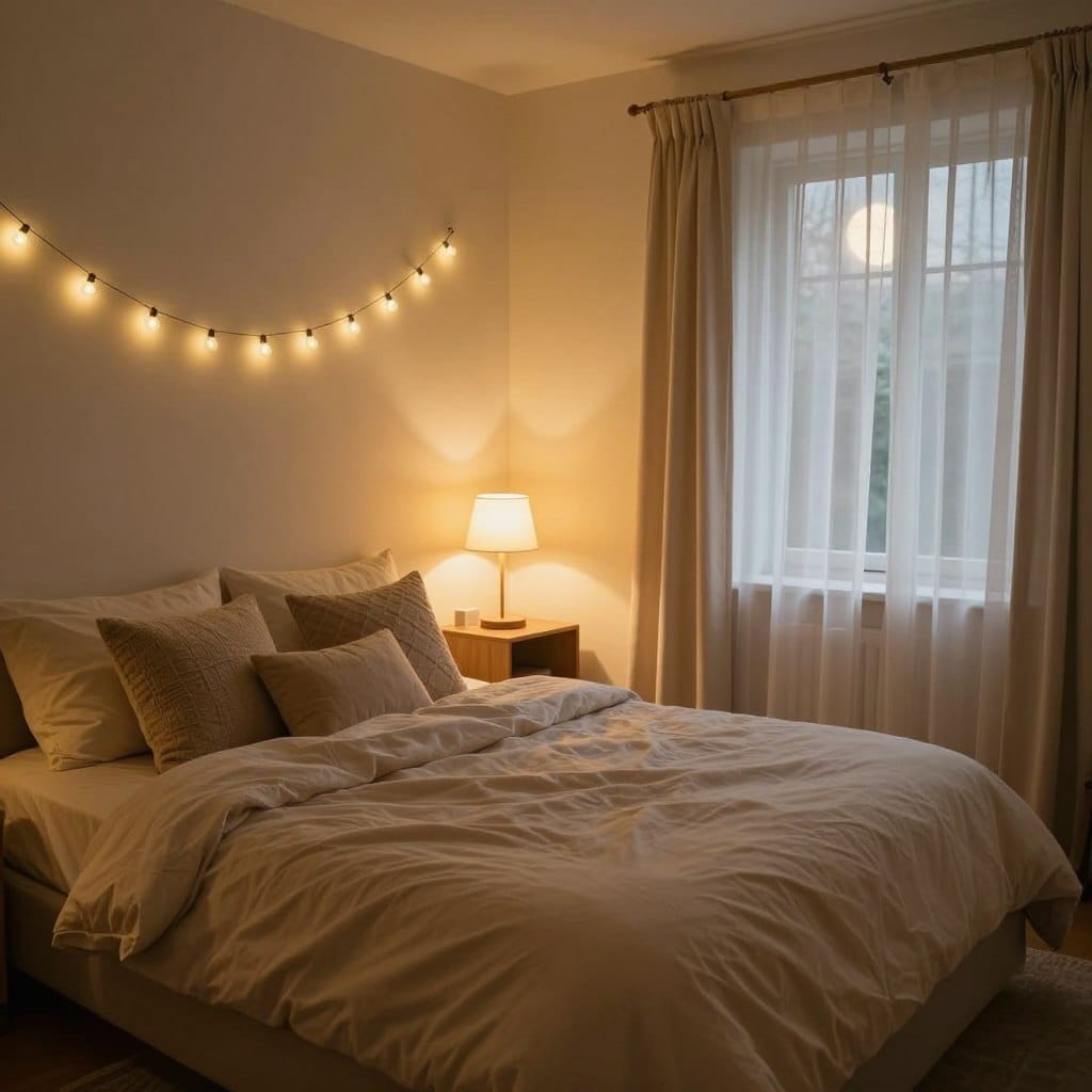 A cozy small master bedroom bathed in warm, soft lighting. In the foreground, a plush king-sized bed with a fluffy beige duvet, adorned with an array of textured throw pillows, creates an inviting focal point. To the side, a stylish nightstand holds a modern lamp with a warm glow. In the middle, delicate string lights drape across the wall, accentuating the calming atmosphere. The background features a softly illuminated window with sheer curtains, allowing gentle moonlight to filter through. The overall mood is serene and intimate, reminiscent of a luxurious five-star retreat, with the lighting enhancing the cozy ambiance. The scene is captured using a wide-angle lens to emphasize the small space while maintaining a warm, inviting tone.