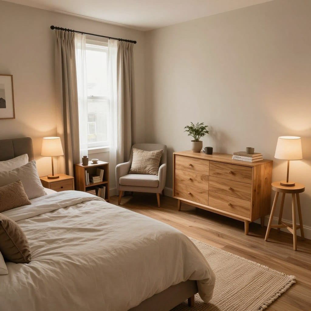 A cozy small master bedroom layout designed for comfort and style. The foreground features a well-made queen bed with plush bedding in neutral tones, flanked by compact nightstands with stylish lamps. In the middle ground, a light wooden dresser complements the space, while a small reading nook with a comfy armchair and a small bookshelf creates an inviting corner. The background showcases a window with sheer curtains, allowing soft, natural light to illuminate the room. The walls are painted in warm, soothing colors, enhancing the room's tranquil atmosphere. Textured elements like a woven rug and decorative cushions add warmth and style. The overall mood suggests a serene retreat, ideal for relaxation and rejuvenation, captured from a slightly elevated angle to emphasize the layout's space efficiency.