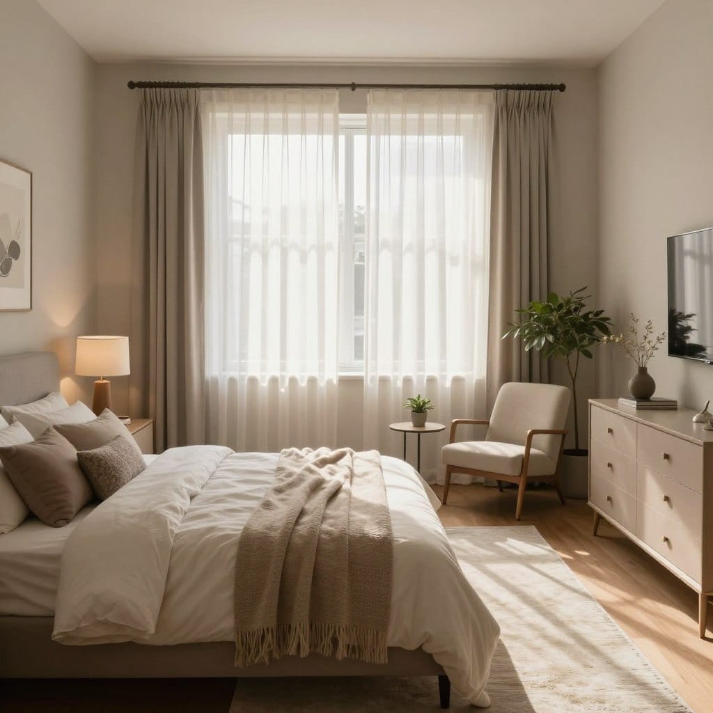 A cozy small master bedroom layout designed to maximize space and light. The foreground features a queen-sized bed with soft, neutral bedding and a plush throw blanket. On either side, minimalist nightstands hold stylish lamps. The middle section showcases sheer window treatments that gracefully filter sunlight, enhancing the room's brightness. An airy, light-colored rug lies beneath the bed, and a small seating area with a comfy chair and a small side table is positioned in one corner, creating a welcoming nook. In the background, subtle wall art and a modern dresser blend harmoniously, while potted plants add a touch of greenery. The lighting is warm and inviting, suggesting a serene, luxurious atmosphere, captured from a slightly elevated angle to highlight the spatial flow.