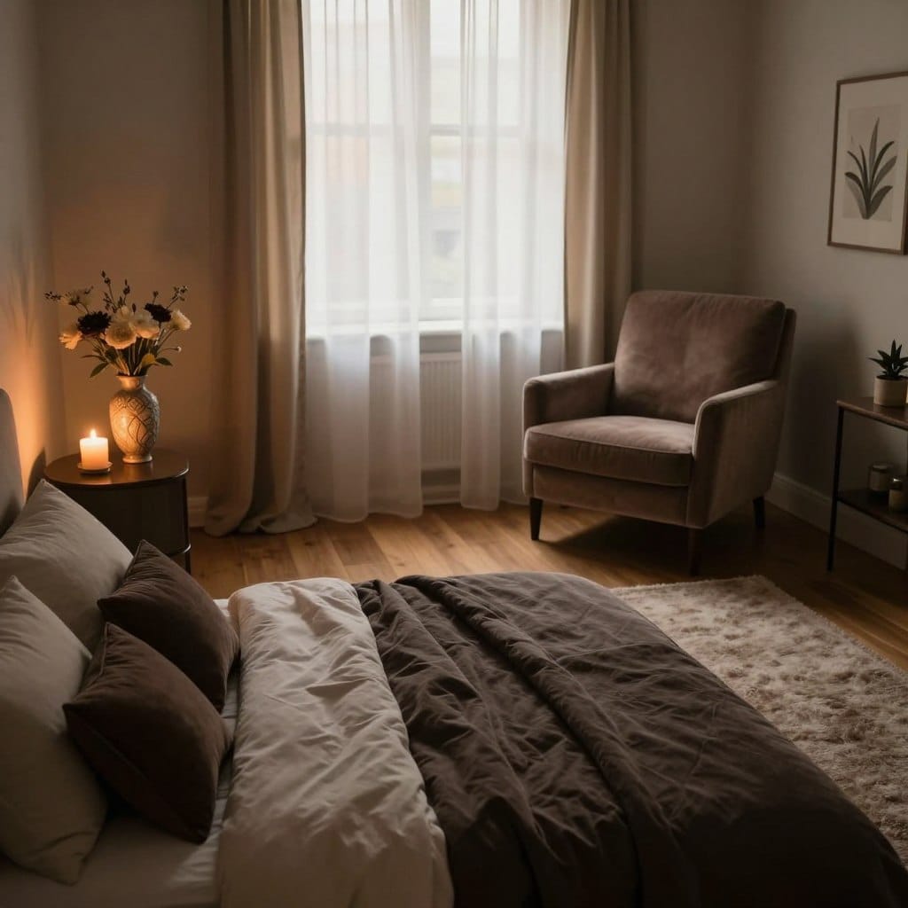 A cozy, softly-lit bedroom space designed for a romantic atmosphere. In the foreground, a stylish bed with a plush, dark-hued comforter and elegant pillows, invitingly arranged. On one side, a small bedside table holds a lit candle and a decorative vase with flowers, creating a warm ambiance. In the middle, a plush area rug complements wooden flooring, and a stylish armchair sits near the window, dressed in a rich fabric. The background features softly draped curtains allowing gentle, diffused morning light to filter through, casting a warm glow. Cozy, neutral tones dominate the color palette, enhancing the moody vibe. The scene conveys an intimate, comfortable atmosphere perfect for assessing design elements in a romantic bedroom. The perspective is slightly angled to capture the depth of the space, bathed in natural light.