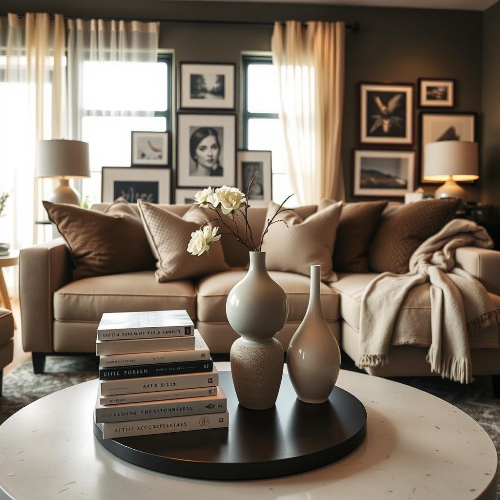 A cozy, stylish living room showcasing unique furnishings with an elegant coffee table vignette as the focal point. In the foreground, a round coffee table adorned with a chic stack of art books, a delicate ceramic vase filled with fresh flowers, and a striking modern sculpture. The middle ground features a plush, inviting sofa with textured throw pillows and a soft throw blanket casually draped over one arm. Behind, a stylish gallery wall with framed artwork and subtle lighting that casts a warm glow, creating an inviting atmosphere. The scene is bathed in natural light from large windows with flowing sheer curtains, set at a dynamic angle to add depth. The overall mood is relaxed and sophisticated, perfect for budget-friendly home decor inspiration.