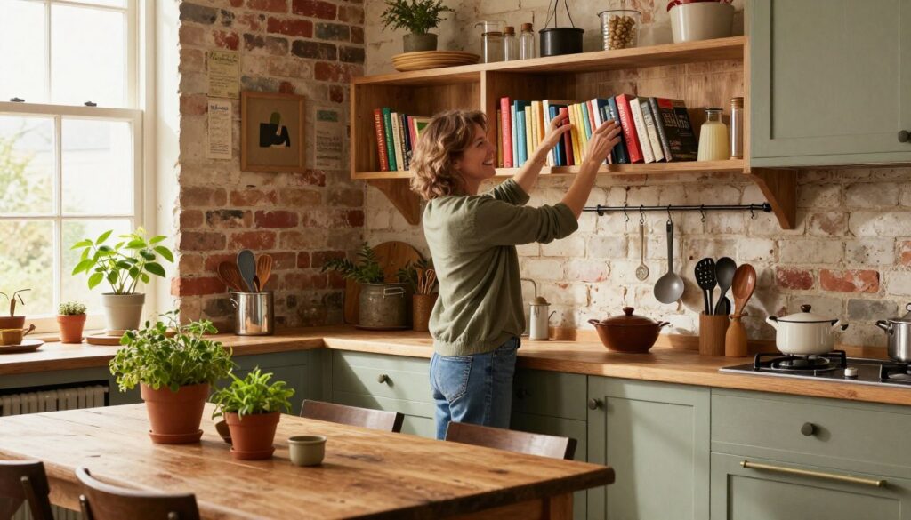 A cozy unfitted kitchen featuring a personal character, a middle-aged woman in modest casual clothing, joyfully arranging colorful cookbooks on an open wooden shelf. In the foreground, a rustic wooden table with potted herbs and vintage kitchen utensils. The middle ground showcases a charming mix of mismatched cabinetry, exposed brick walls, and eclectic decor, with a focus on personality and creativity. The background includes large windows that let in warm, natural light, enhancing the inviting atmosphere. Soft shadows add depth, creating a comfortable and lived-in feel. The overall mood is warm and welcoming, emphasizing individuality and personal touches.