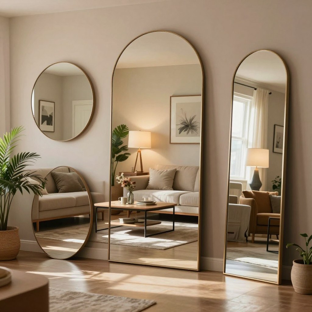 A dark living room featuring strategic mirror placement to enhance the illusion of natural light. In the foreground, various elegant mirrors of different shapes, both round and rectangular, reflect soft light from strategically placed lamps. The middle section showcases a cozy couch and a sleek coffee table, with decorative plants positioned beside the mirrors to create a lively atmosphere. In the background, walls painted in warm, neutral tones are adorned with framed artwork. The scene is softly illuminated, casting gentle shadows that add depth. The composition is at eye-level, with a slight tilt to emphasize the reflective quality of the mirrors. The mood is inviting and serene, evoking a sense of brightness in an otherwise dim space.